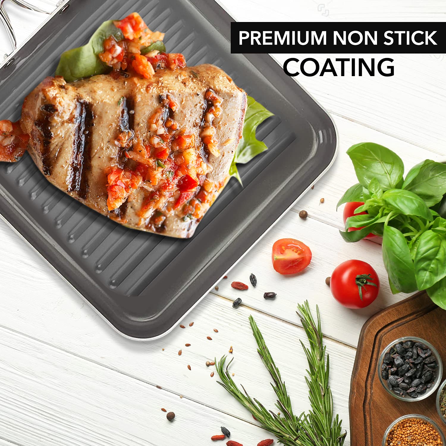 EaZy MealZ 12" Square Aluminum Grill Pan with Nonstick Surface |Sear Ridges | Stainless Steel Handle | Dishwasher & Oven Safe