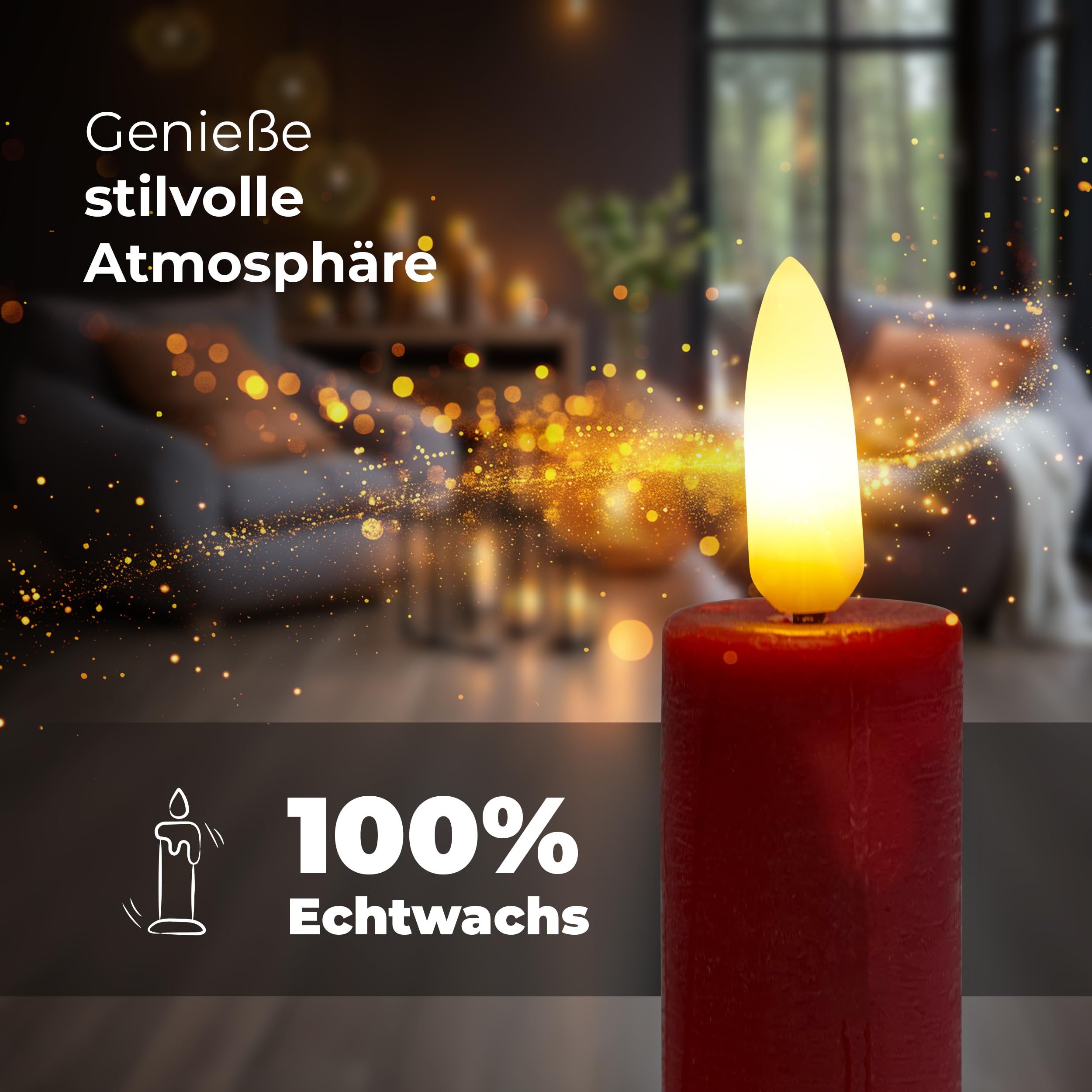 Novaliv Świece prętowe LED z timerem, czerwone, 8 sztuk, do użytku wewnątrz i na 6 godzin, z prawdziwego wosku, 15 cm, średnica 2,2 cm, 2 baterie AAA, niezbędne świece LED, zestaw 4 sztuk, 2 x ruchome