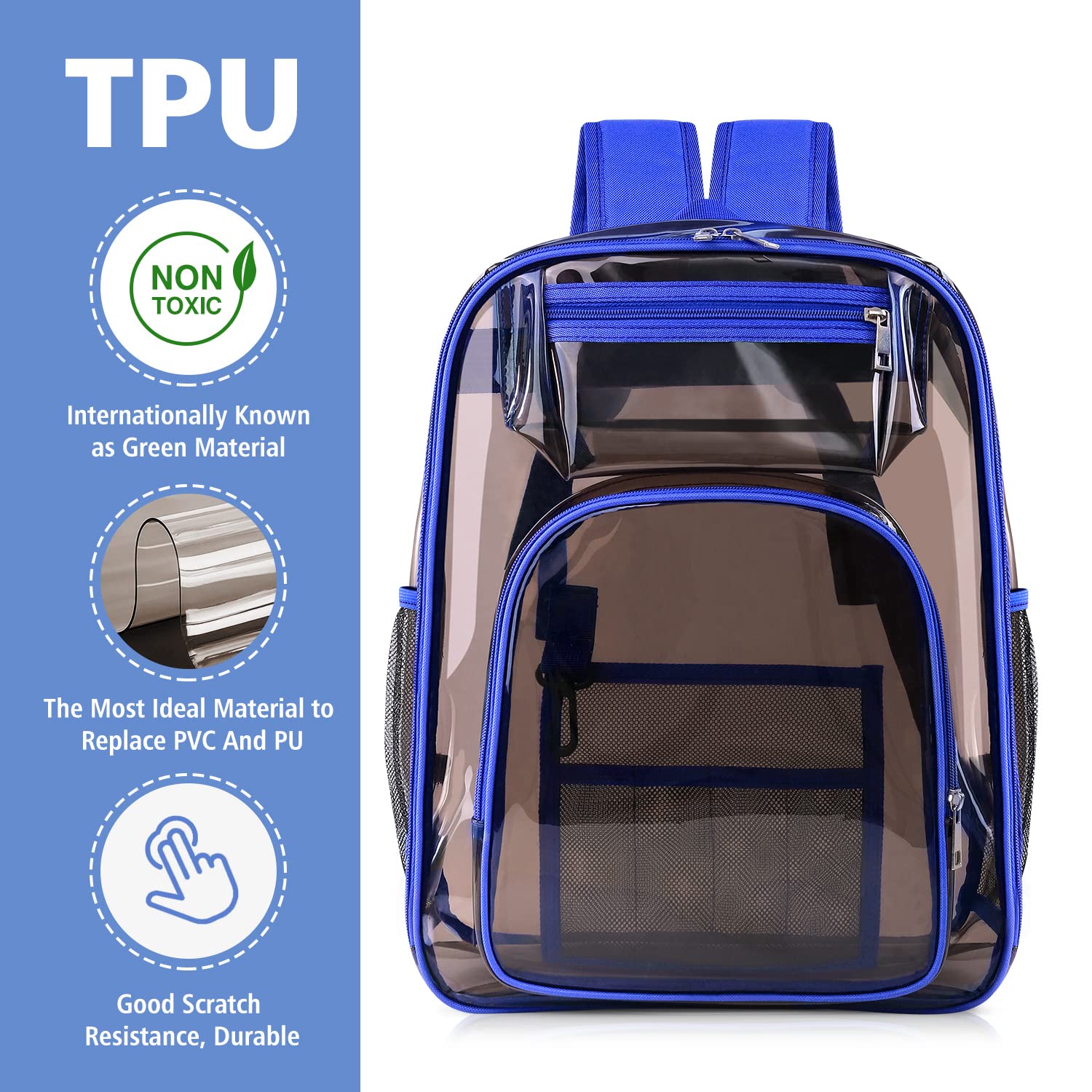 SIMBOOM Clear Backpack, Heavy Duty TPU Transparent Backpacks Large See Through Bookbag with Reinforced Strap for School, Stadium, Security, Work, Travel, College, Sporting Events, Concert (Blue)