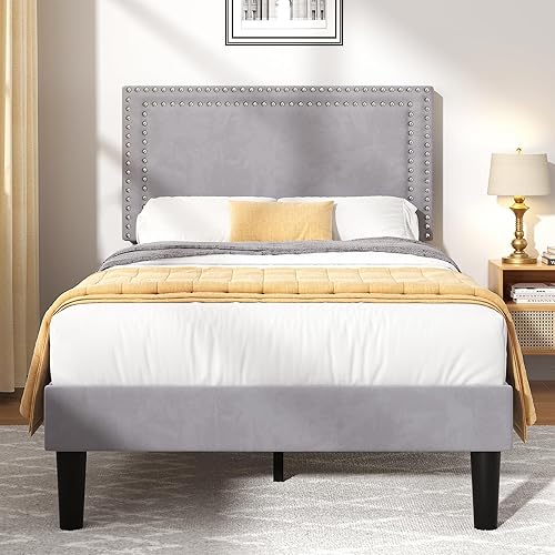 Miniatura 259 de VECELO Base de cama de tamaño matrimonial con cabecera tapizada ajustable, plataforma de listones de madera, diseño sin ruido, fácil montaje Negro