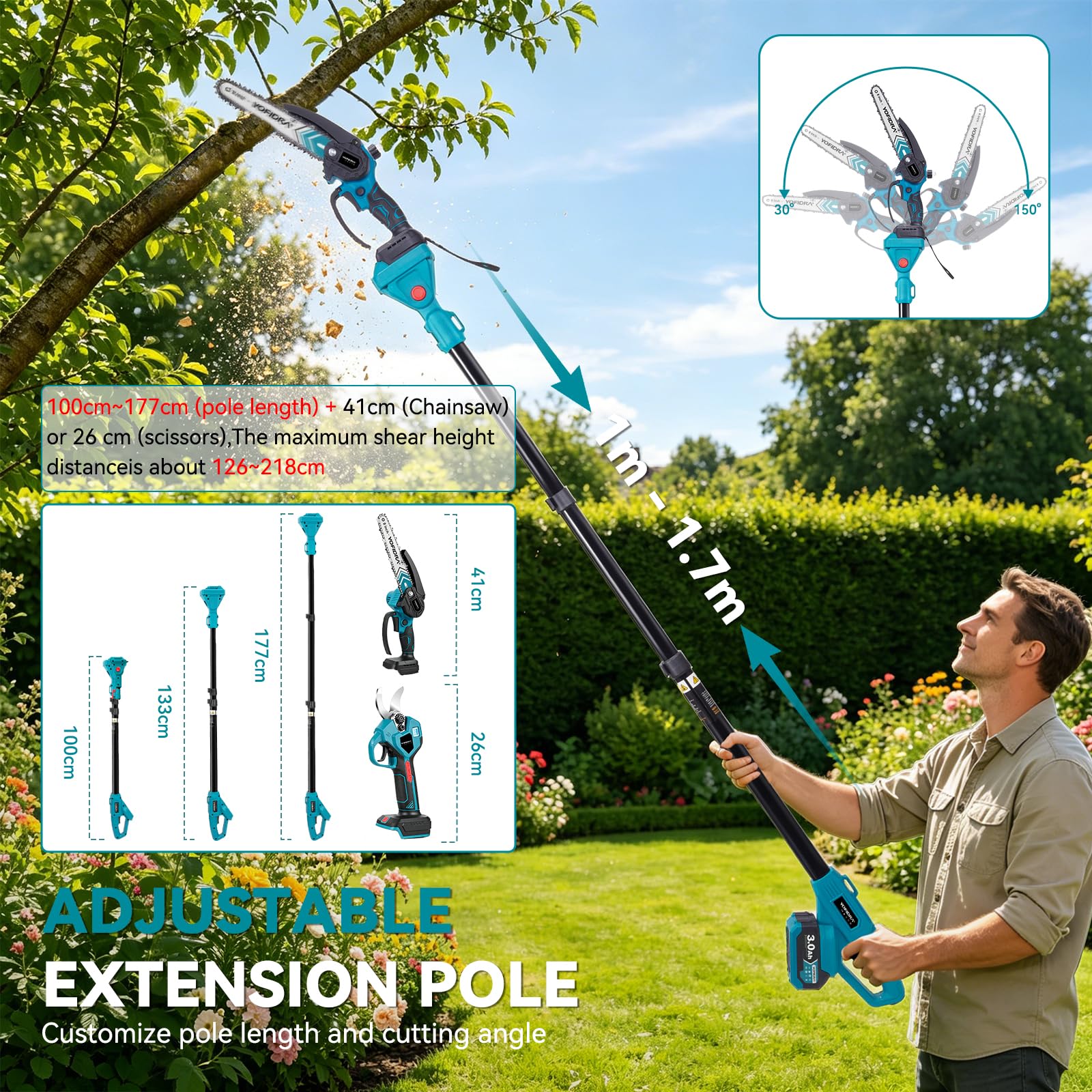 Yofidra Kit 4-en-1 d’Élagueuse et Tronçonneuse sur Perche, 8” Tronconneuse & 30 mm Sécateur Électrique Sans Fil, avec 2 Batteries 3,0 Ah, Portée Maximale Jusqu'à 4,2 m