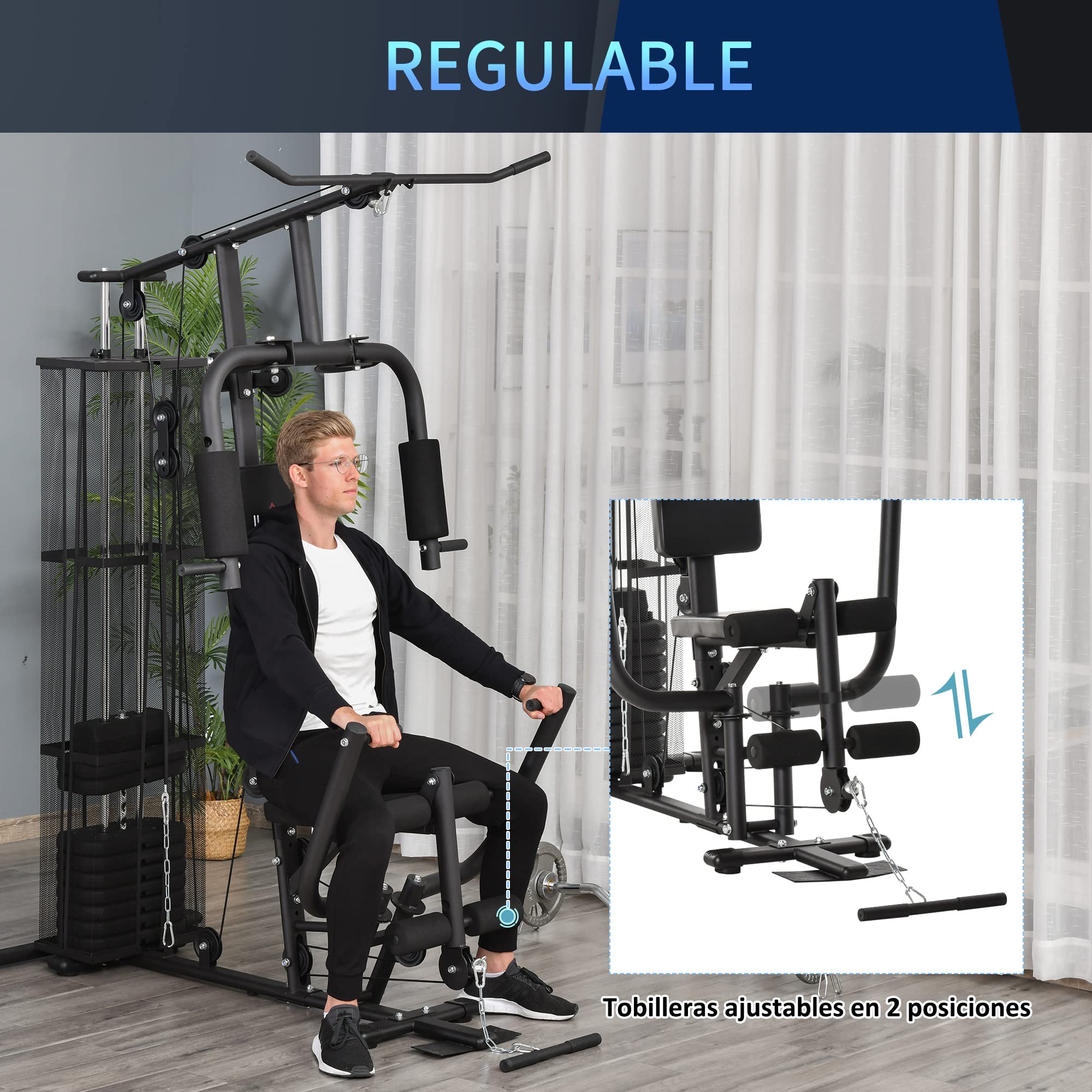 HOMCOM Máquina Multiestación Musculación Máquina de Musculación con Prensa de Piernas y Pecho Placas de Pecho Placas de Peso de 45 kg y Polea para Entrenamiento Fitness en Hogar Gimnasio Negro
