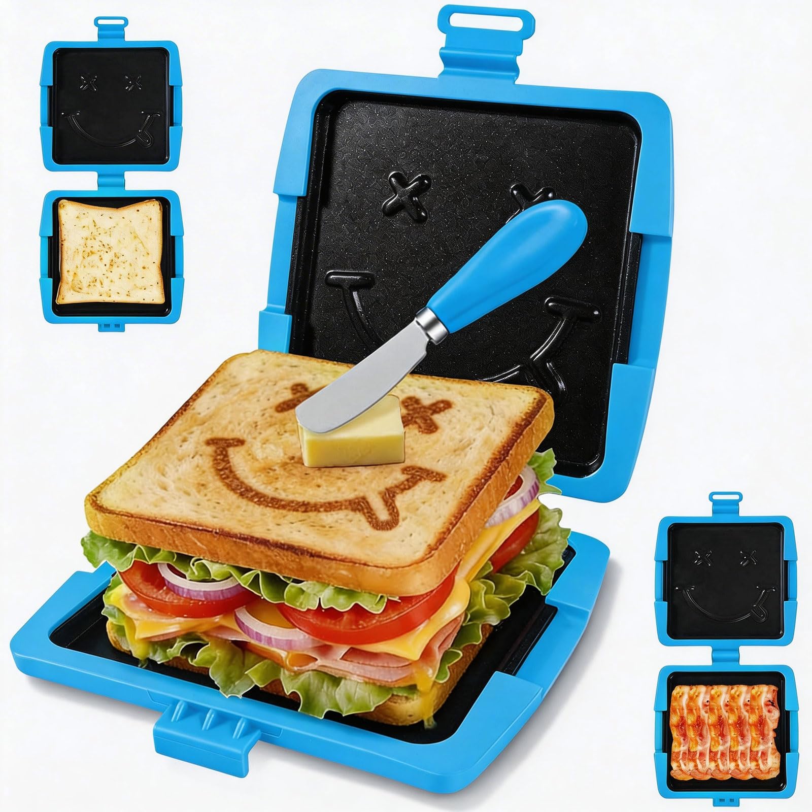 Microwave Sandwich Maker, Toastie Maker with Smiling Face, Panini Maker for Quick Cooking Breakfast, Grilled Cheese, Panini Presses for Home, Travel, Office, Dorm, Easy to Clean and Store (Blue)