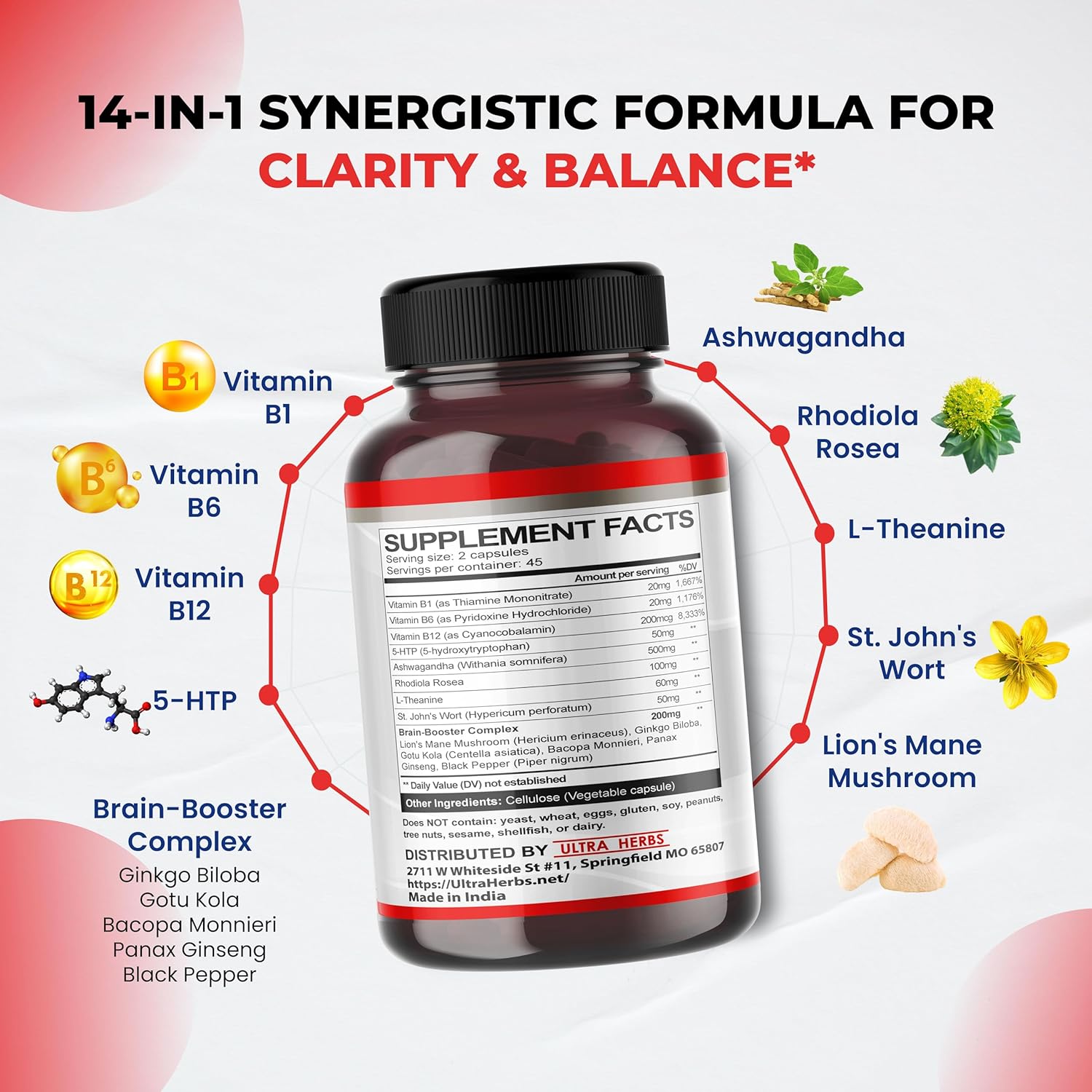 Dopamine Focus Supplement Ashwagandha 5-HTP Rhodiola Rosea St. John's Wort - Increase Memory Clarity Focus Restore Relax with VIT B1, B6, B12, L-Theanine - Image 4