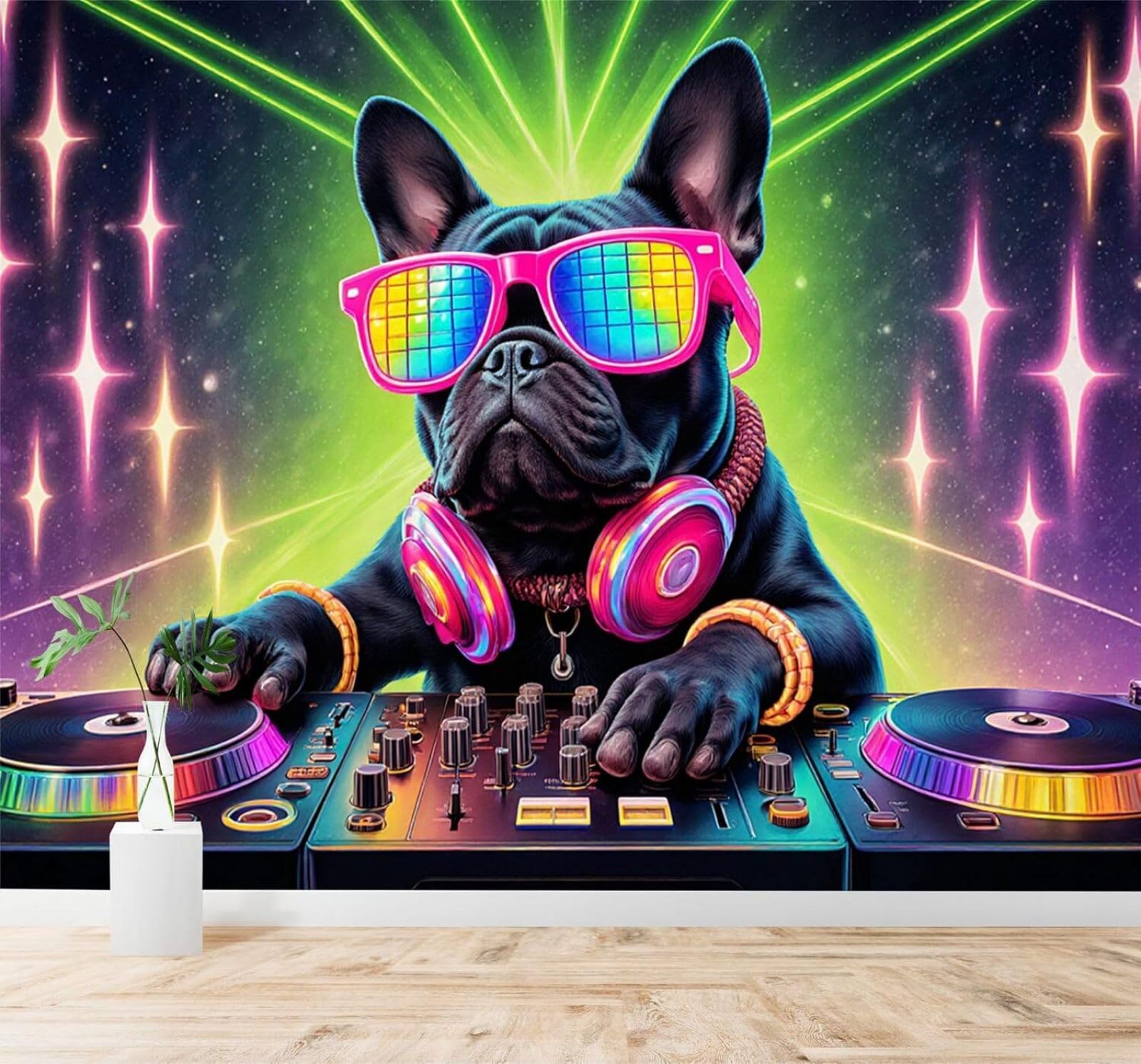 Tzxztt Black Bulldog Headphones Coloured Lights Music Modern 3D Wallpaper Premium Textured Silk Neutral Tones Material Ideal for Living Room Bedroom-300cm×210cm