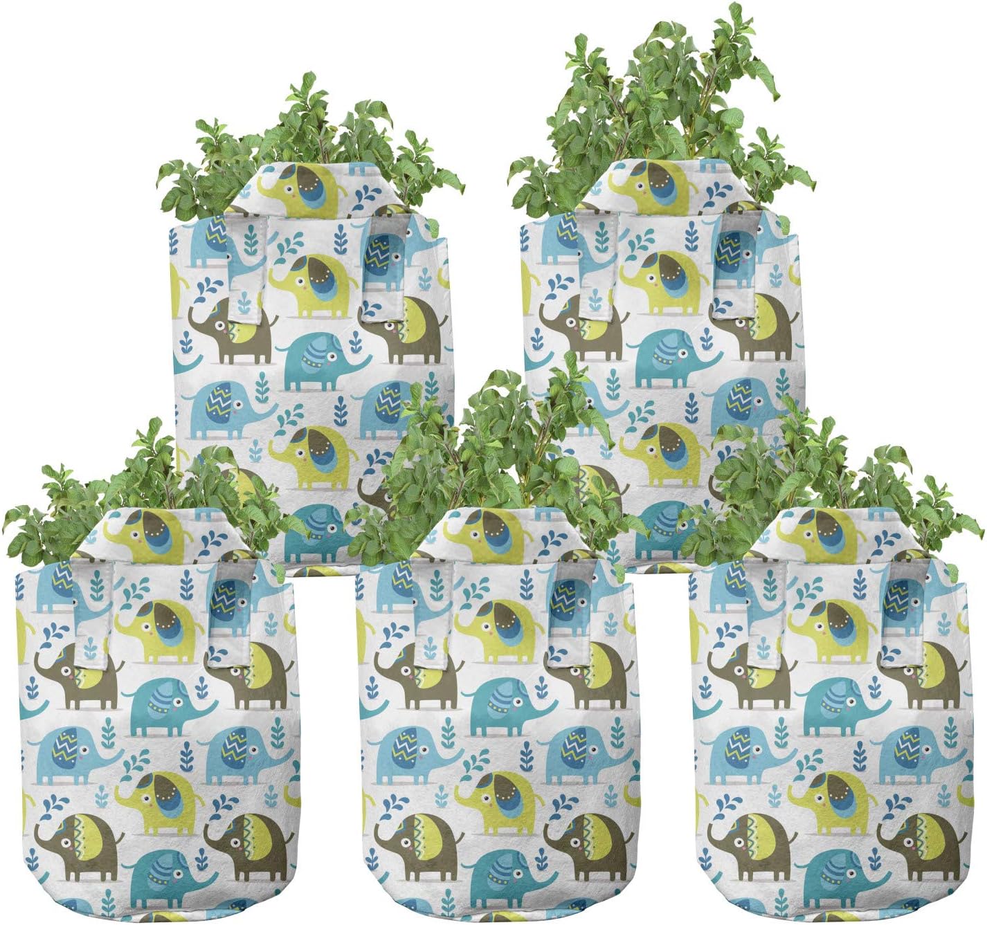 Lunarable Animal Grow Bags 5-Pack, Style Graphic, Heavyduty Fabric Pots with Handles for Plants, Multicolor