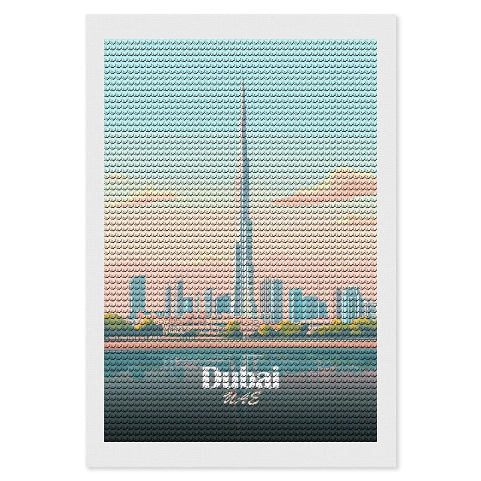 Junmoney Dubai Skyline Vector Illustration DIY Diamond Art Canvas Kit 8"x12", Christmas Gift, for Family Craft Time, Leisure Activity, Home Wall Art