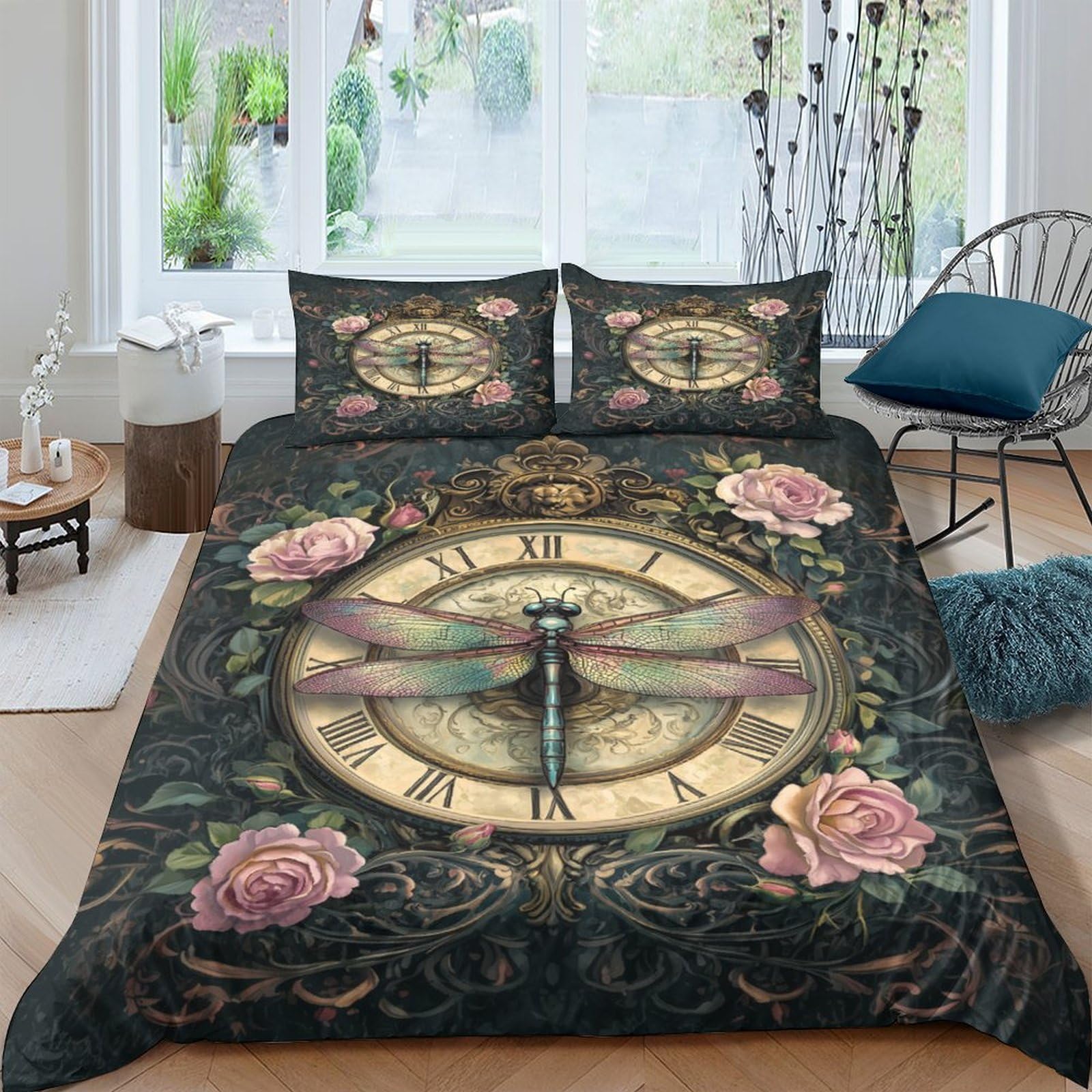 GPLZQXKJNH 3D Printed Vintage Clock Duvet Cover Microfiber Floral Bedding Set with 2 Pillowcases for Bedroom Decor Single（135x200cm）