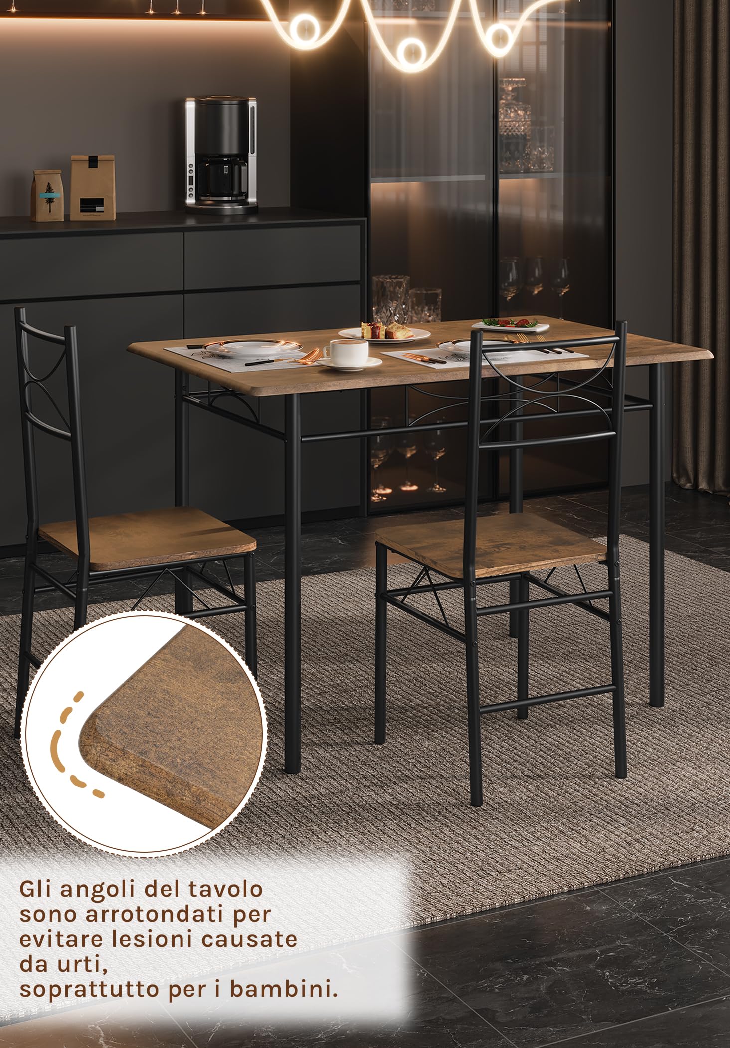 WOLTU Set da Pranzo per 4 Persone, Tavolo Industriale con 4 Sedie, MDF e Struttura in Metallo, Facile da Montare e Pulire,Marrone Rustico + Nero