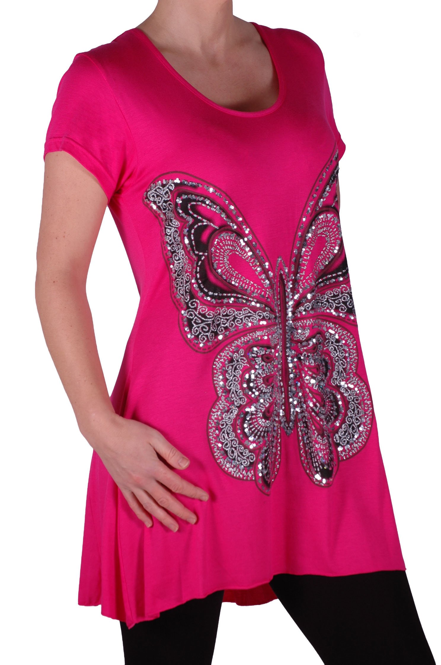 Eye Catch Women's Fushia Plus - Butterfly Motif Long Short Sleeve Loose Stretch Top Size 20