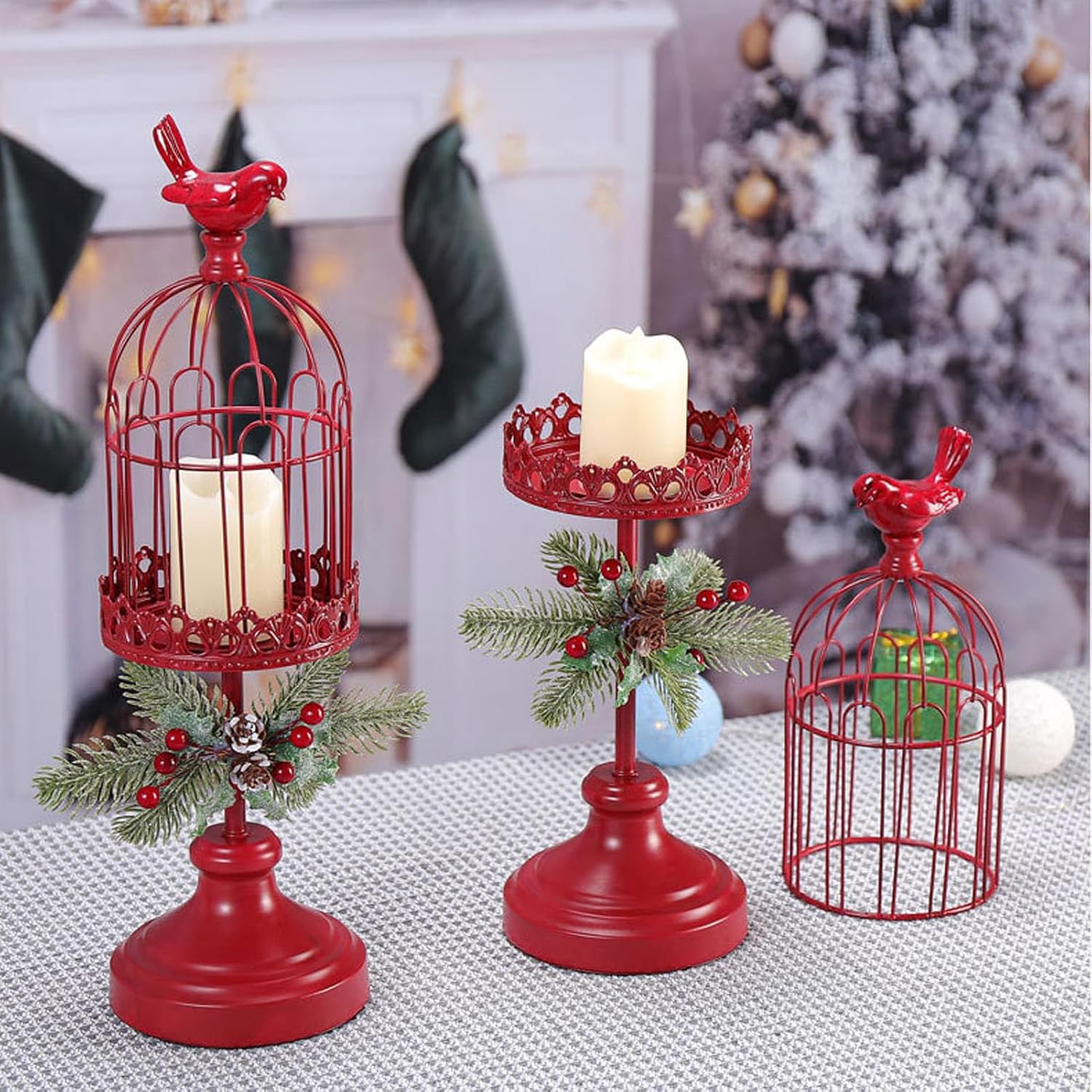 2Pcs Christmas Candle Holder Simulation Red Fruit Pine Cone Candle Holder Table Accent Centerpiece Candle Holders Xmas Candle Holders for Festival Party Home Decor (Birdcage)