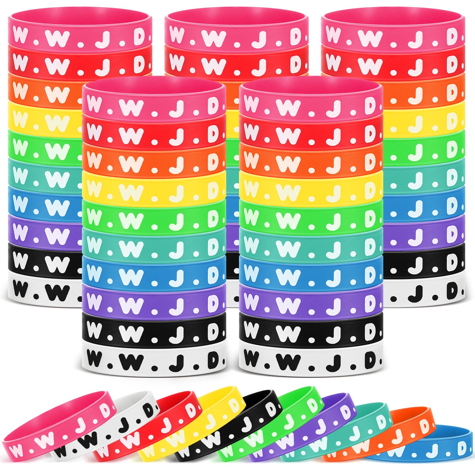 Cunno 100 Pcs WWJD Rubber Bracelets for Kids What Would Jesus Do Bracelets Bulk Religious Colorful Inspirational Christian Wristbands Gifts for Teen Kids Church Events Party Favors
