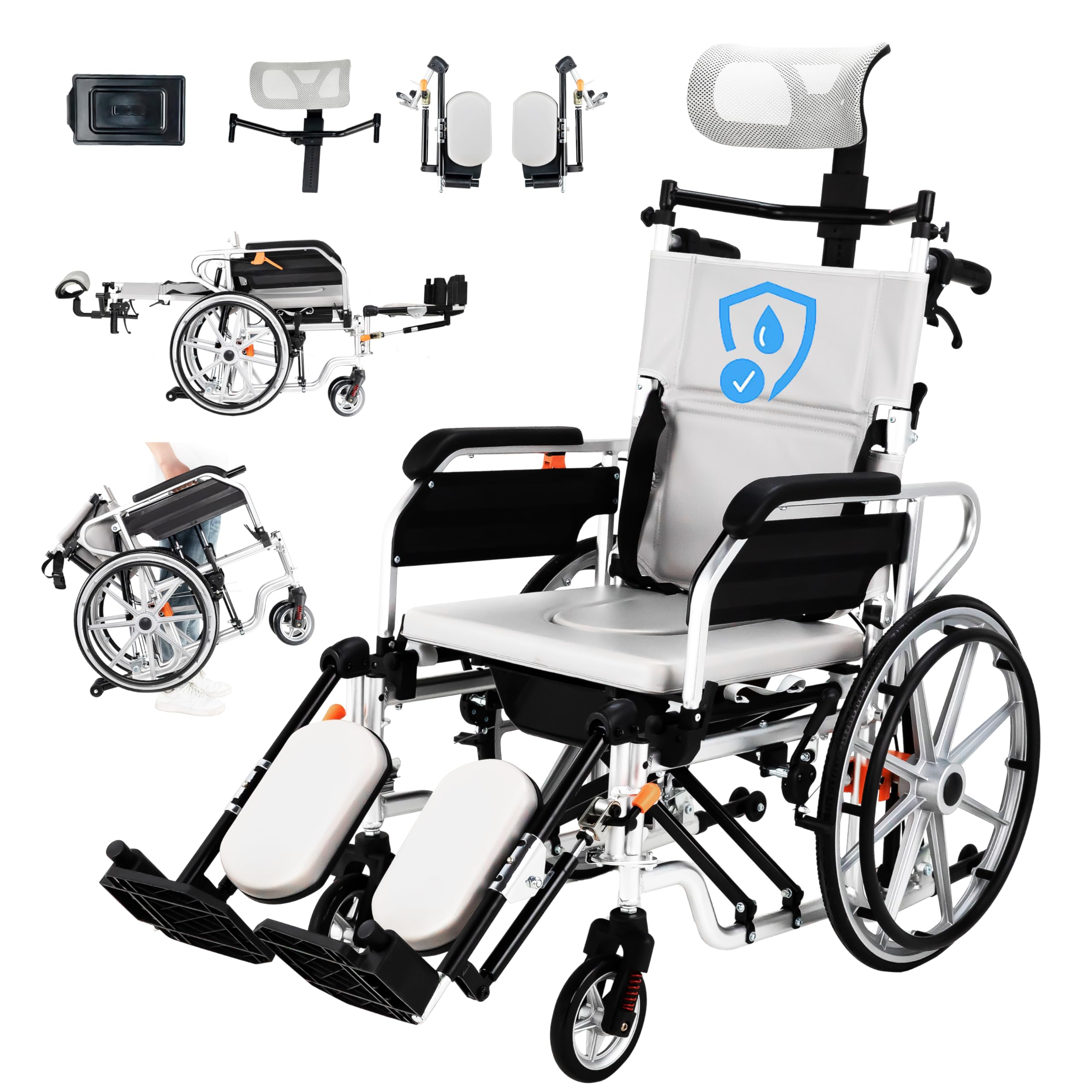 4-in-1 Reclining Wheelchairs, Waterproof Shower Bathroom Wheelchair, Transport Wheelchairs with Elevating Leg Rests and Potty- 18.5" Wide Seat Heavy Duty Recliner Wheel Chair for Seniors & Adults