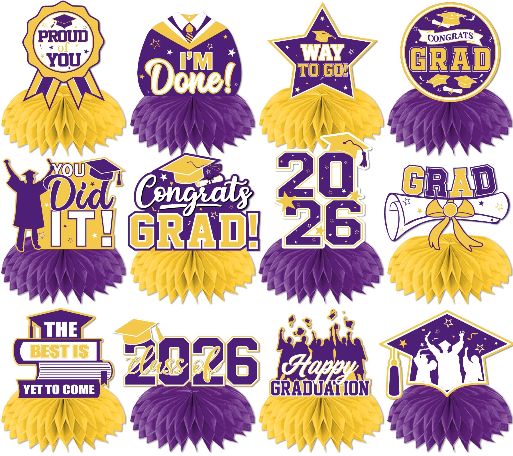 12Pcs Purple and Yellow Graduation Decorations Honeycomb Centerpieces, Class of 2026 Graduations Centerpieces for Tables Purple and Yellow Congrats Grad Graduation Table Decoration Grad Centerpiece