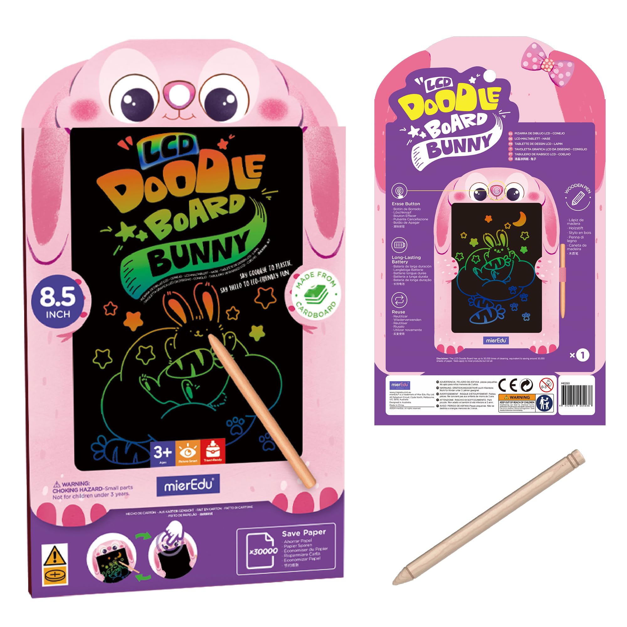 mierEdu LCD Writing Board Children's Rabbits 8.5 Inch - Magic Painting Board with Pen, Magic Board for Girls & Boys - Reusable Drawing Board, Ideal for Travel - Gift Children from 3 Years