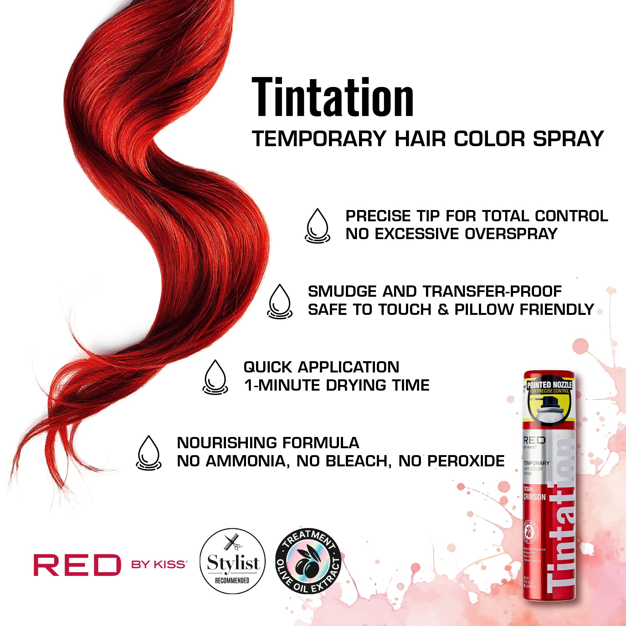 Red by Kiss Tintation Temporary Hair Color Spray 2.82oz, Quick-Dry & Smudge-Proof, Vivid Color Washable Hair Dye, Styling Spray Cosplay Halloween Birthday Party Festival (Crimson)