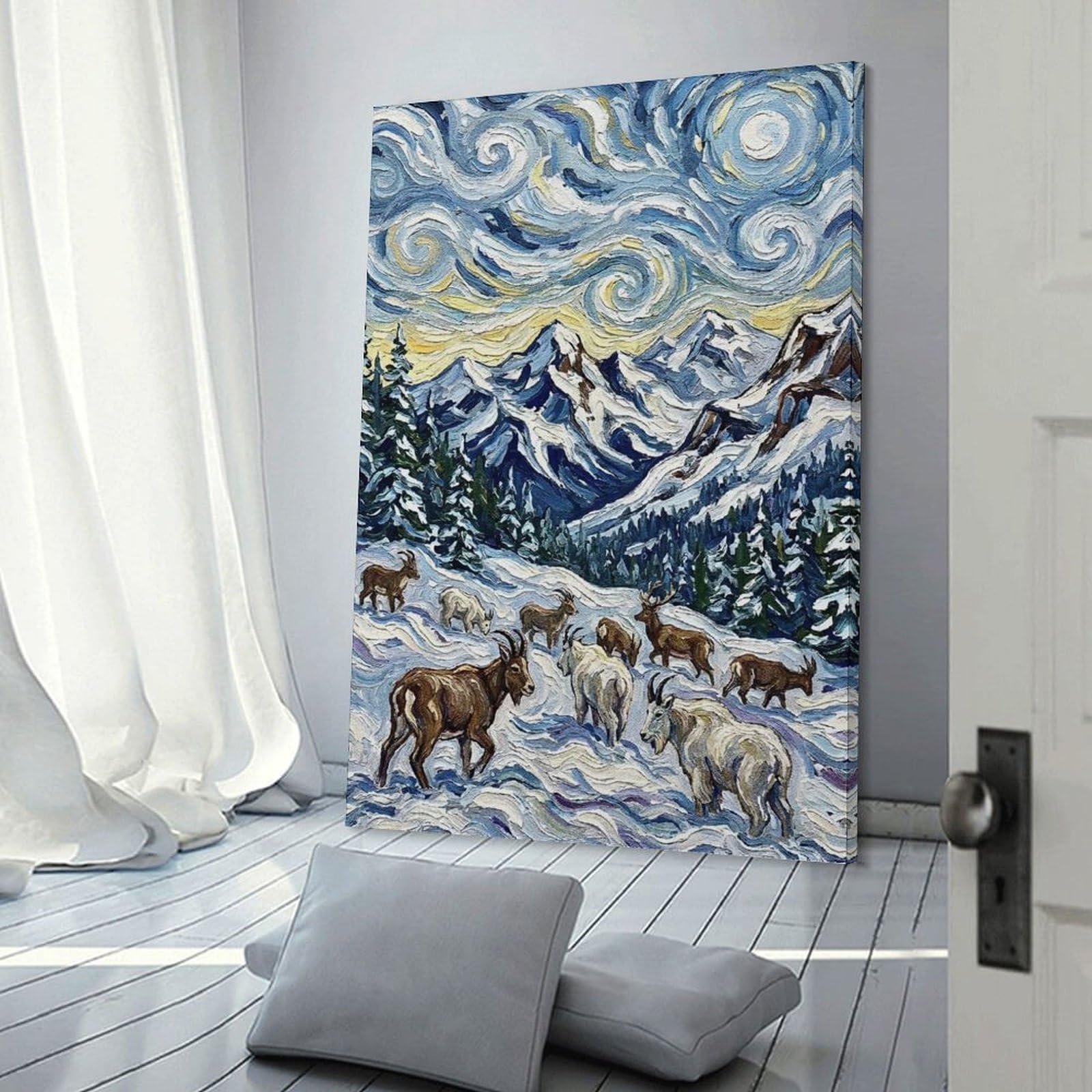 Junmoney Mountain Goats in Snowy Landscape Painting Canvas Wall Decor, 24x36inch(60x90cm), for Bedroom, Guest Room Or Reading Nook, Canvas Wall Decor for Personal Spaces