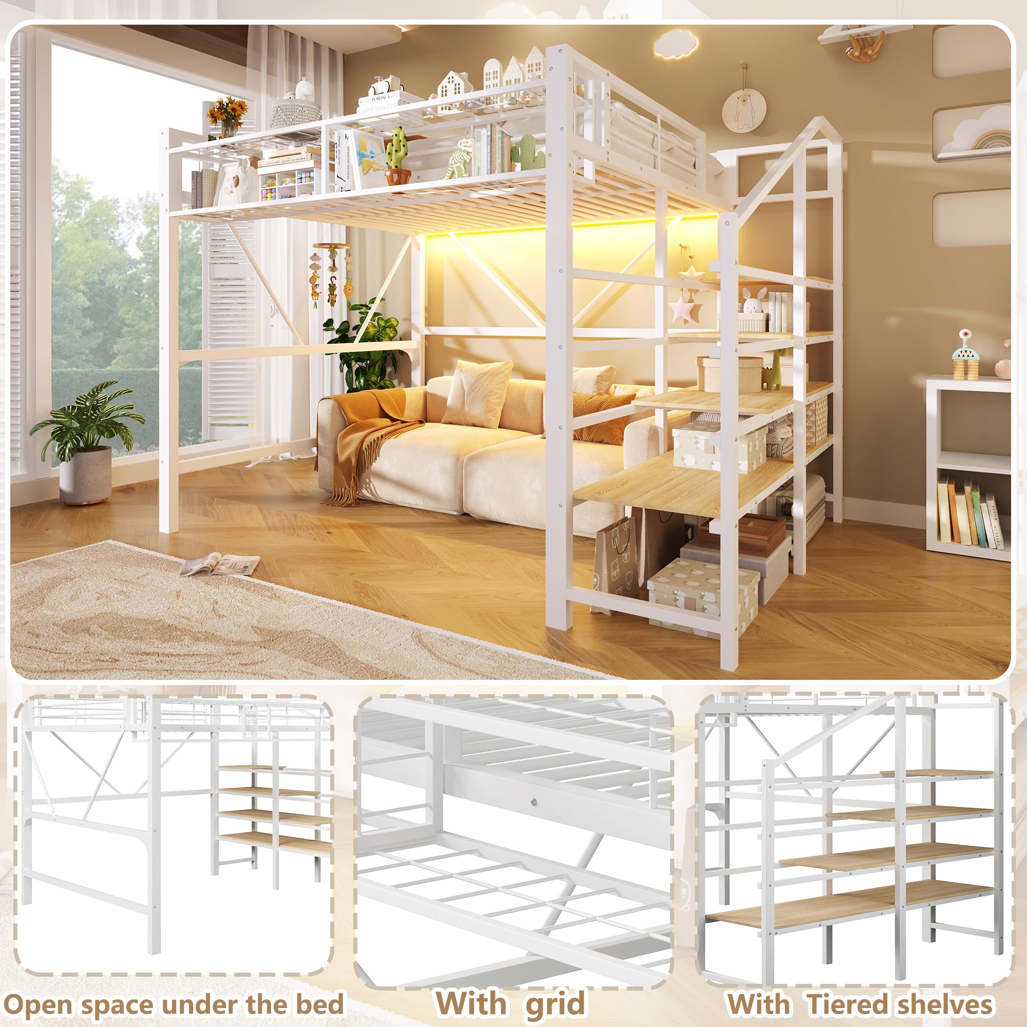 Cama Alta 140x200 con Baldas Abiertas Cama Canapé con Almacenamiento Integrado Double Bed sin Colchón con Paneles de Rejilla y Cesta Integrada para Apartamento Blanca