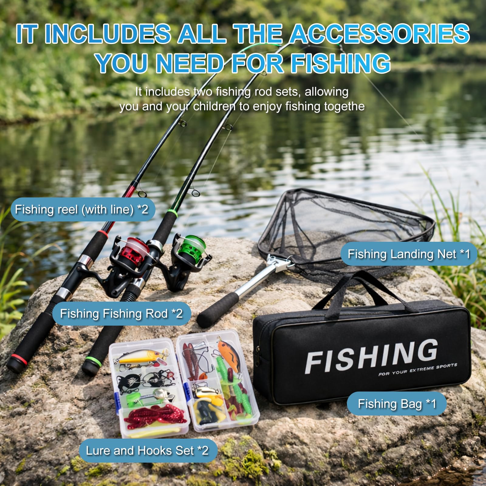 Set di 2 canne da pesca telescopiche per bambini, kit di avviamento con rete da pesca con mulinello combinato per acqua salata e acqua dolce con lenze e borsa per il trasporto, per ragazzi e ragazze