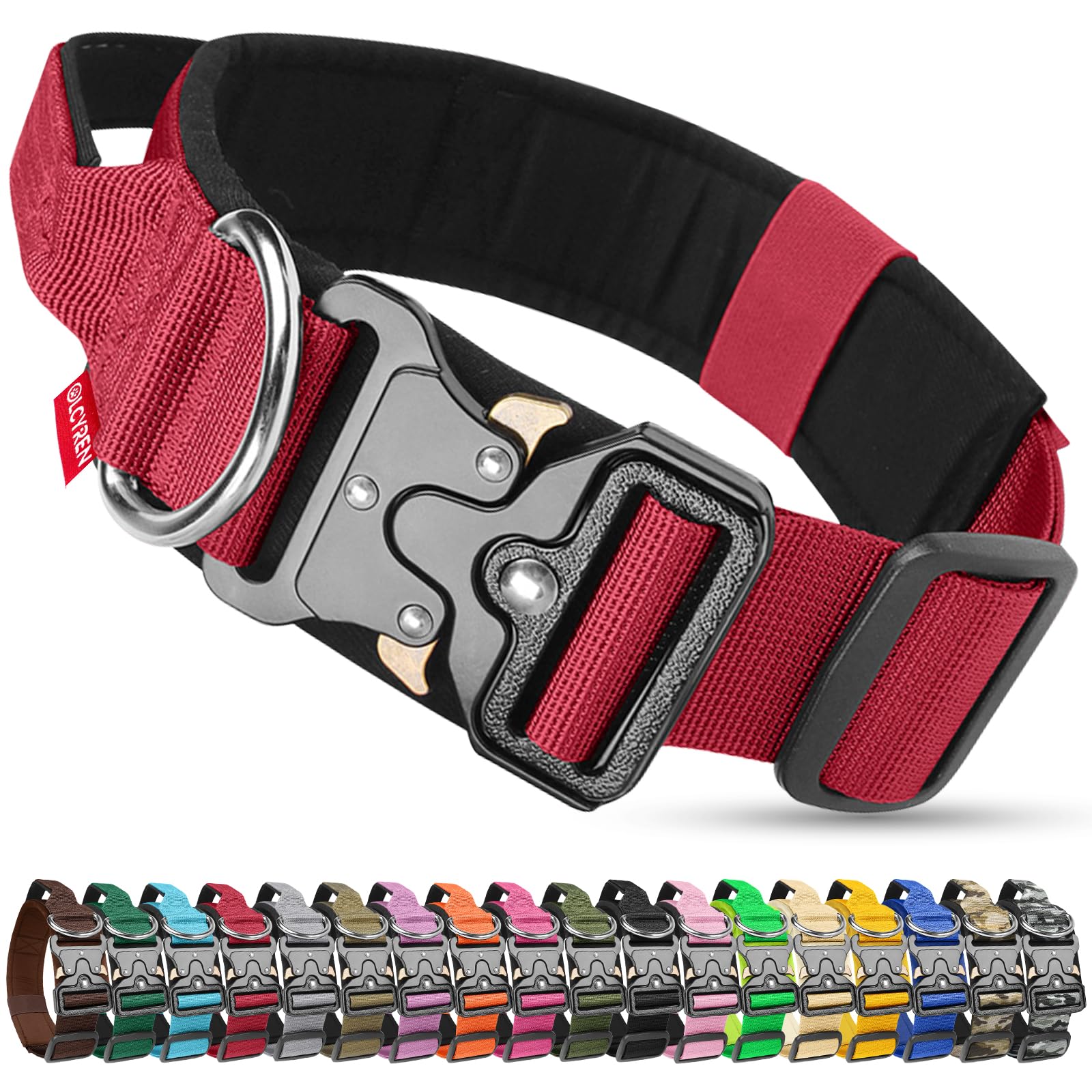 Olcyren Tactical Dog Collar, Military Nylon Adjustable Strong Dog Collar with Handle, Soft Padded Pet Collars with Heavy Duty Metal Buckle for Medium Large Dogs Training and Walking (Red, XL)