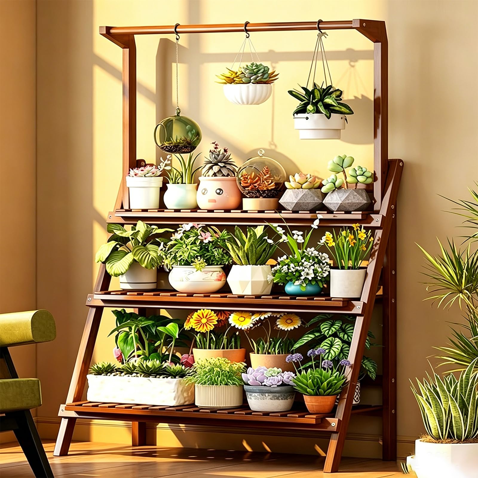ATRBNCX Decorative 3-Layer Wood & Metal Plant Rack For Living Room Balcony