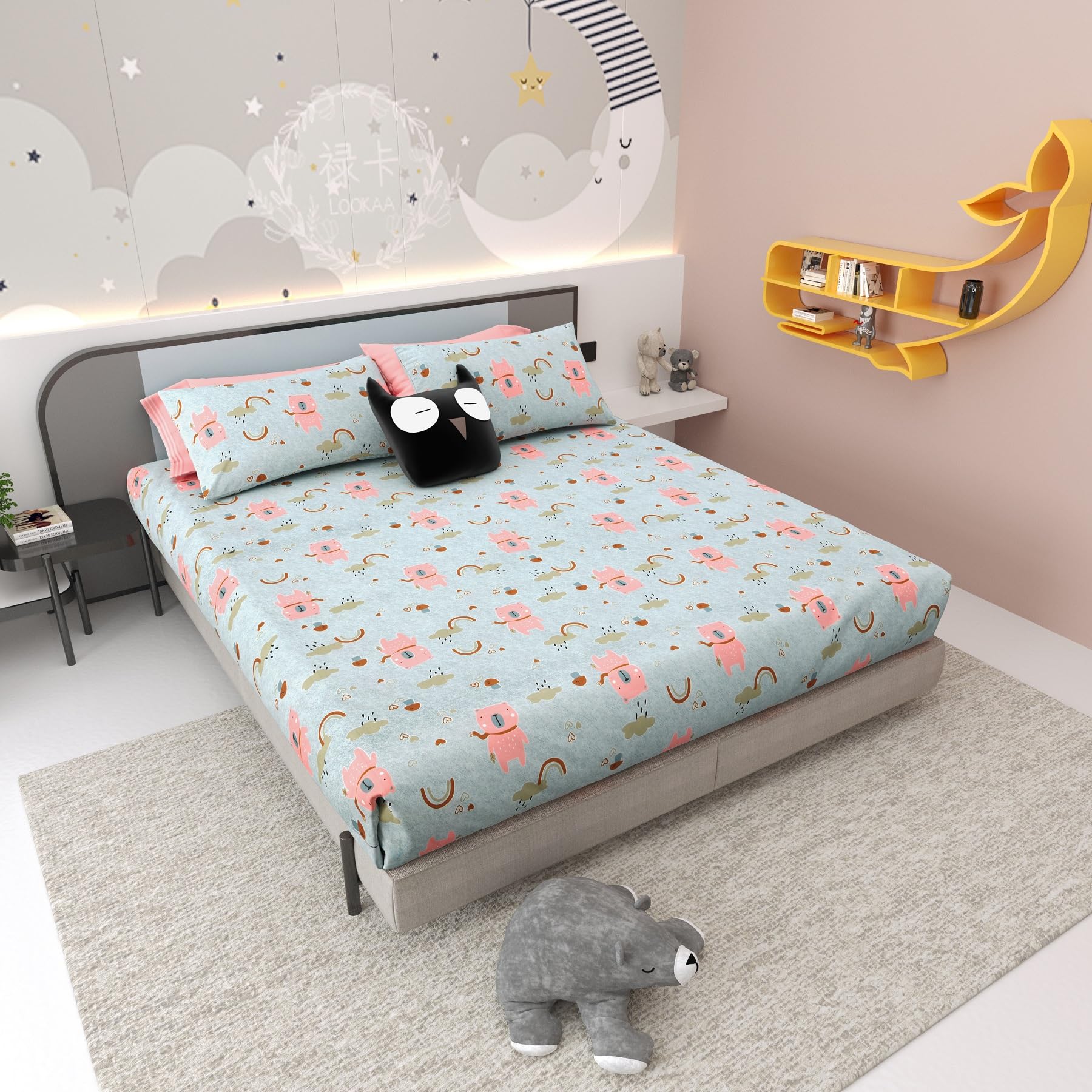 Cartoon Printed Premium Pure Cotton 300 TC King Size Bedsheet with 2 Pillow Cover, (100"x108" Inches), Pack of 1-picture-32