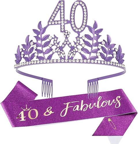 Miniatura 1 de CIEHER Banda morada de cumpleaños número 40 y corona de cumpleaños 40 para mujer, tiara de cumpleaños 40 púrpura de 40 años y fabulosas tiaras y