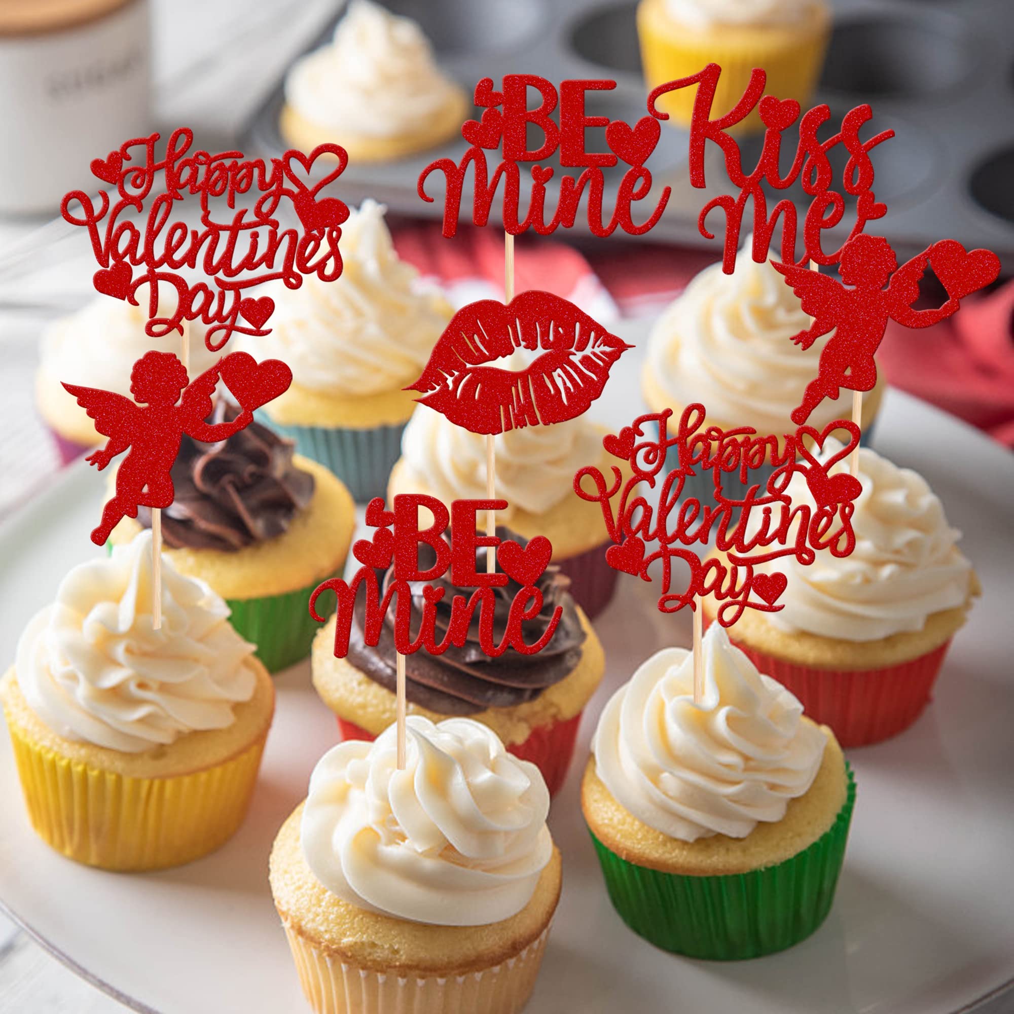 Gyufise 24 Topper Per Cupcake San Valentino, Tema Cuori Glitter Rosa E Rosso Con Scritte Be Mine E Kiss Me, Decorazioni Per Festa Di Matrimonio E Fidanzamento