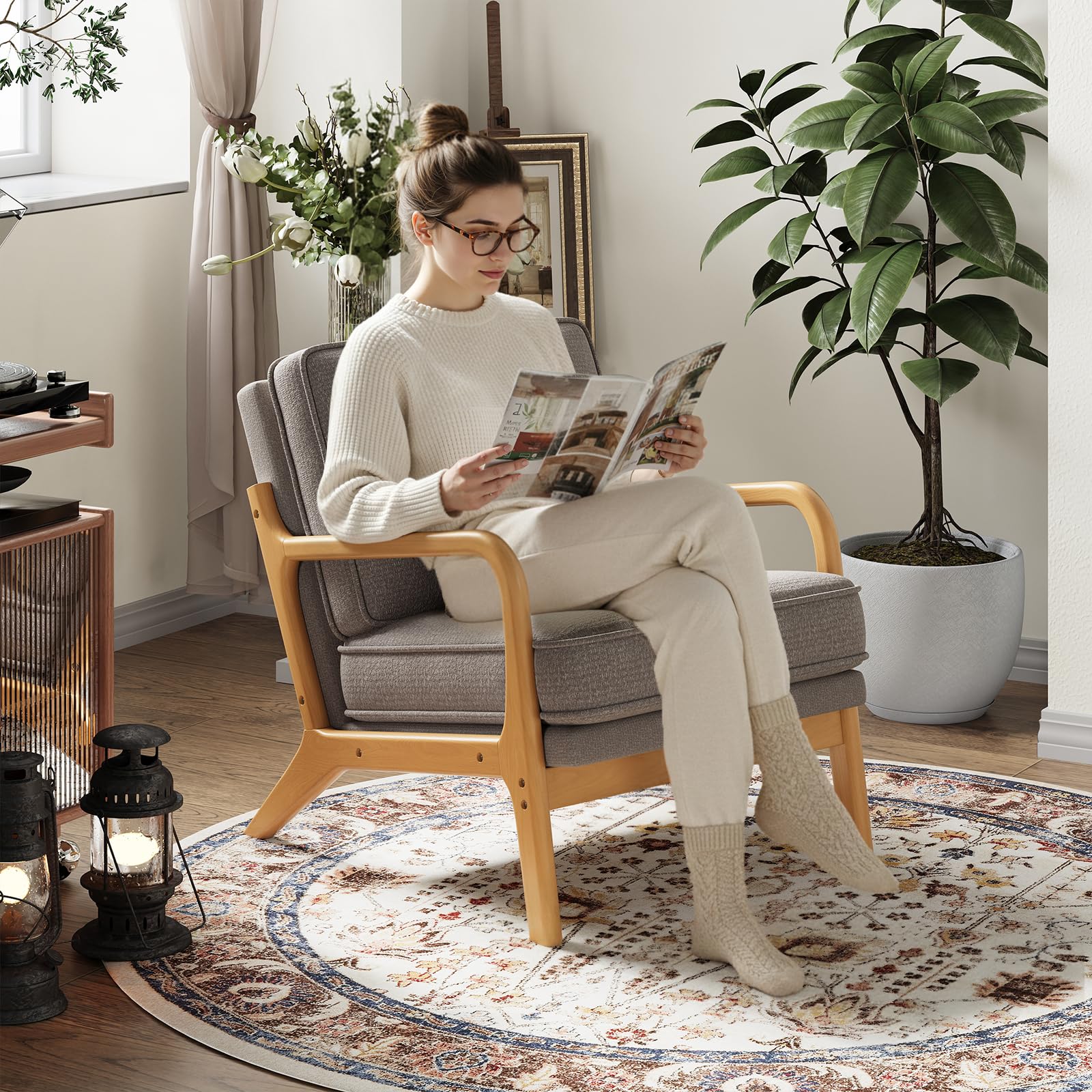 COLAMY Sessel Wohnzimmer Mid-Century Modern 2er Set, Loungesessel mit Lendenkissen, Massivholzrahmen & weichem Polster, bequemer Lesesessel für Wohnzimmer und Schlafzimmer, grau