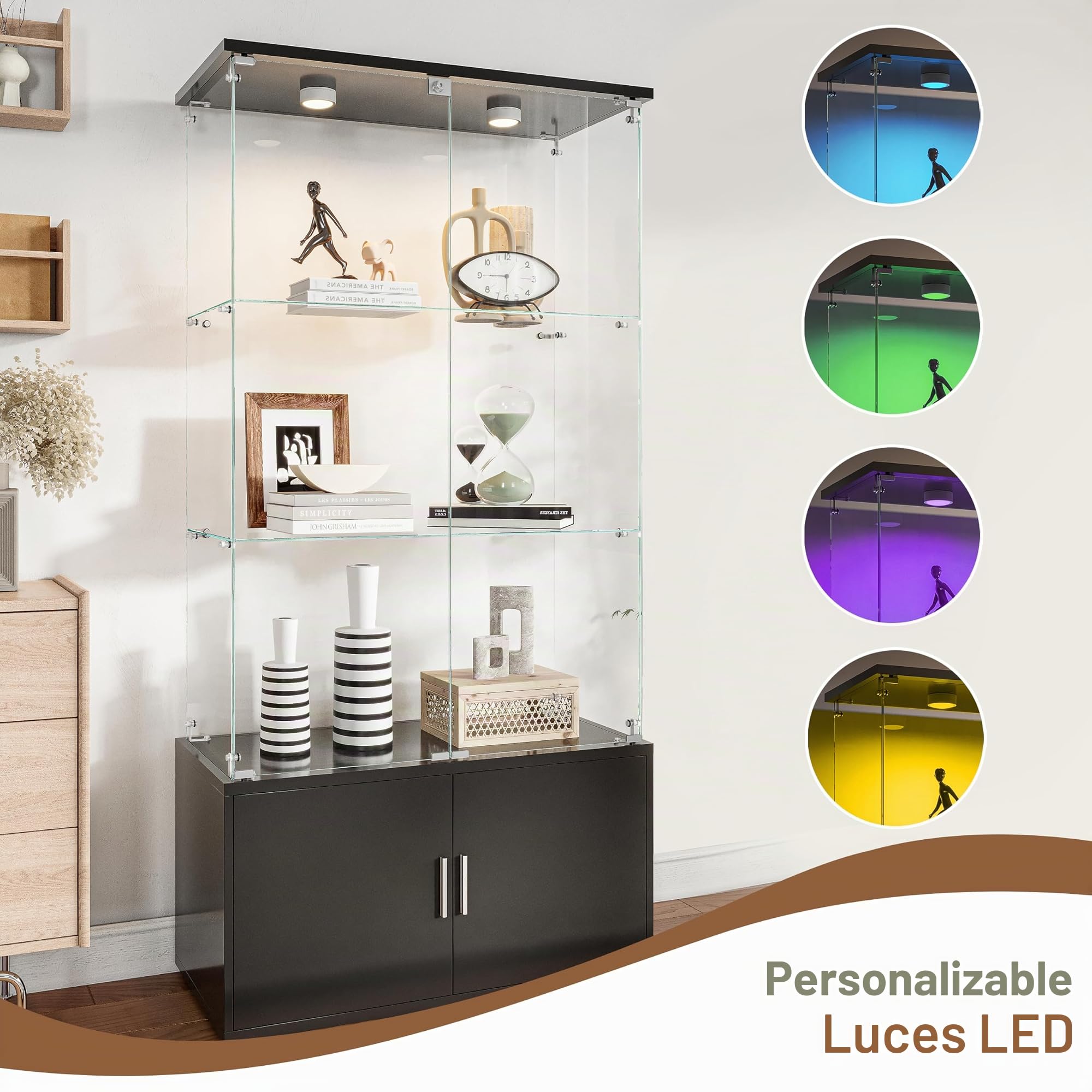 Vetrina moderna con LED in vetro, con 3 ripiani e 2 ante, trasparente, 79 x 35 x 164 cm, ideale per decorare la casa