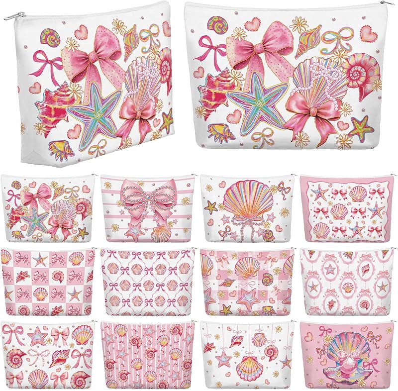 Reginary Necessaires de Maquiagem Rosa com Laço e Conchas, Pacote com 12