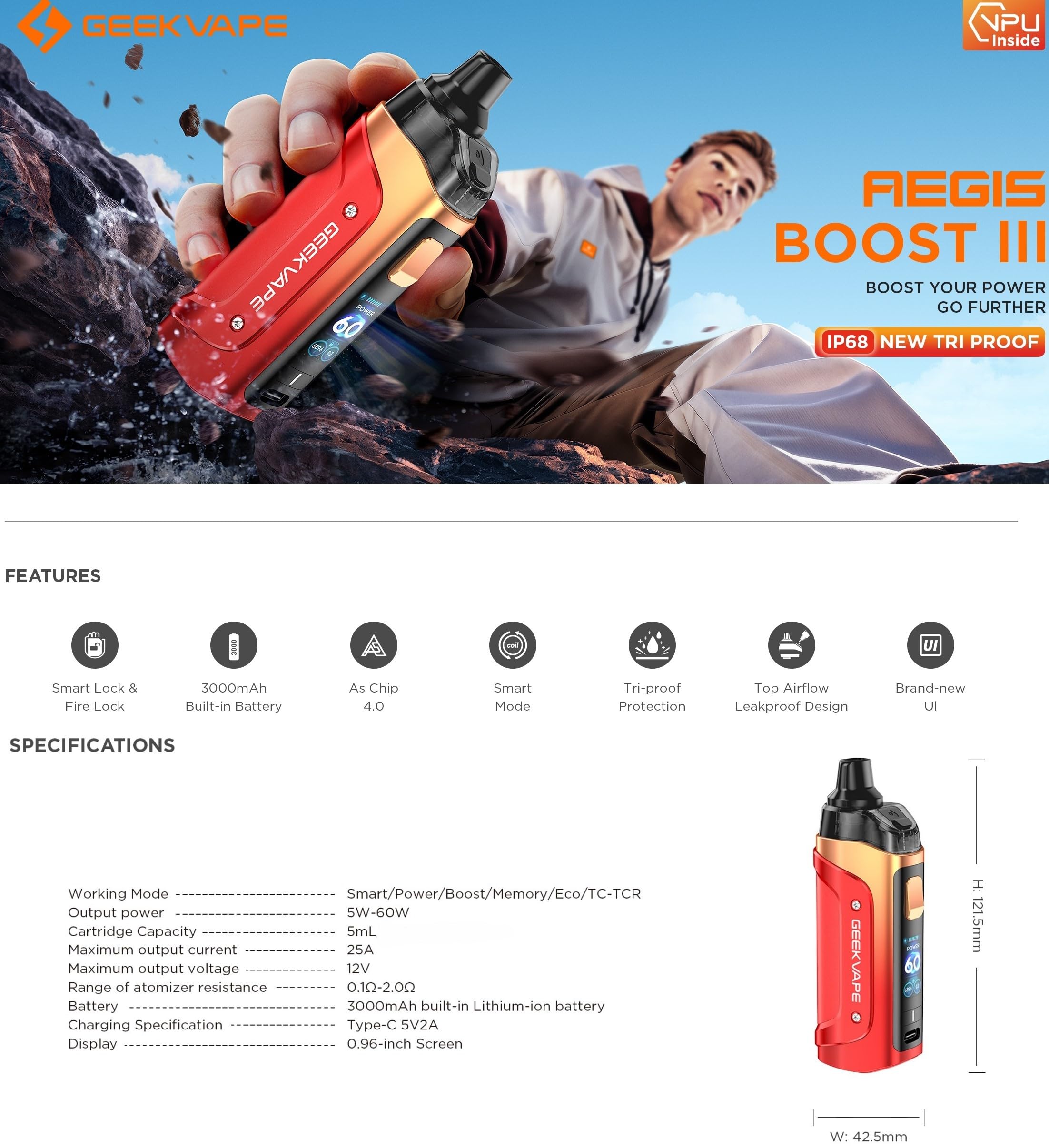 GEEKVAPE Aegis Boost 3 Kit 60W | Aegis Boost III 3 Mod 3000mAh Batterie + 5ML GEEKVAPE B60 Aegis Boost 2 Cartouche Fit B Coil | Sans nicotine