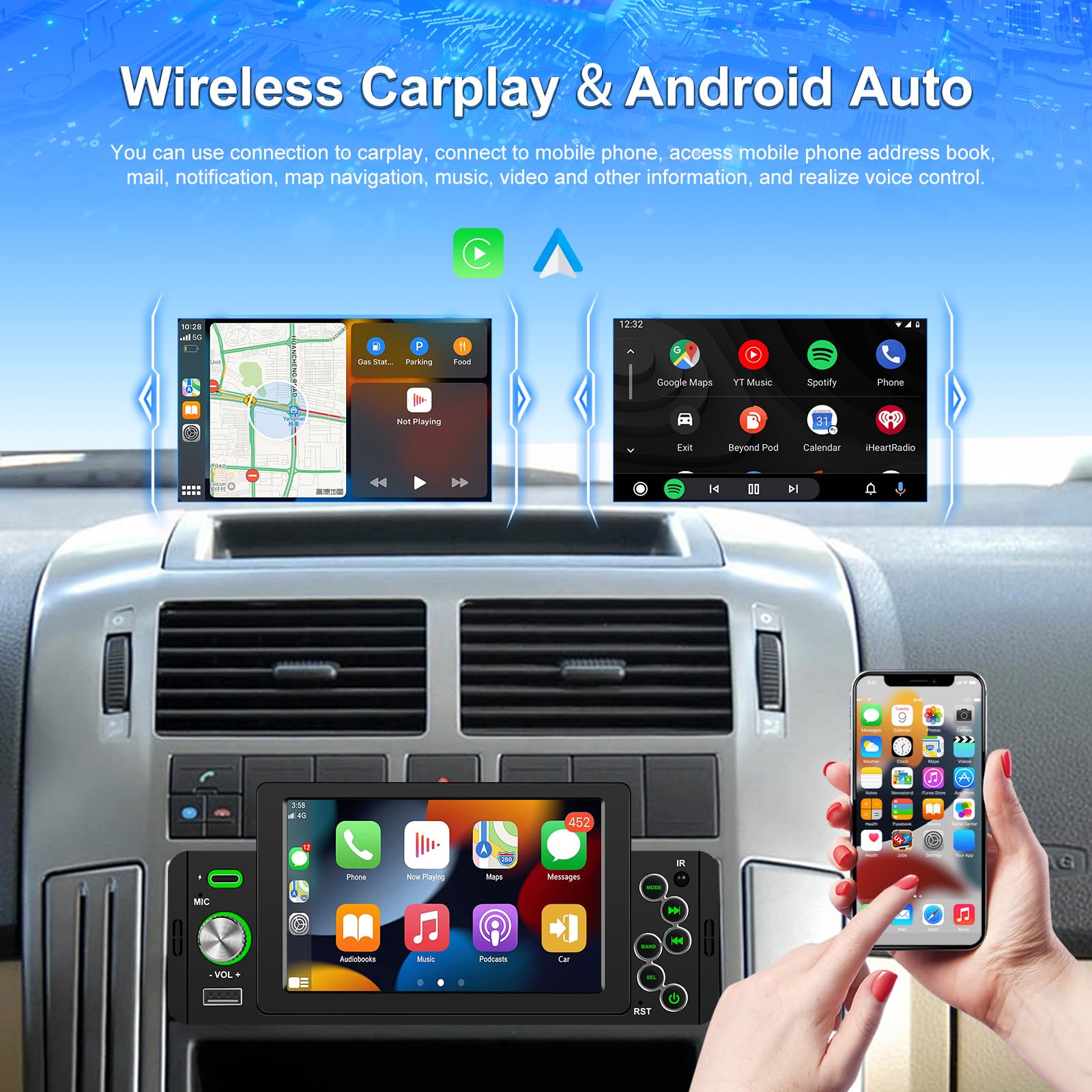 Upgrade Wireless] CAMECHO Autoradio Bluetooth 1 Din Wireless CarPlay Android Auto Média Récepteur,5 Pouces Écran Tactile Lecteur Avec Bluetooth 5.1/FM/USB/AUX/SD/AUX-in/Lien Miroir