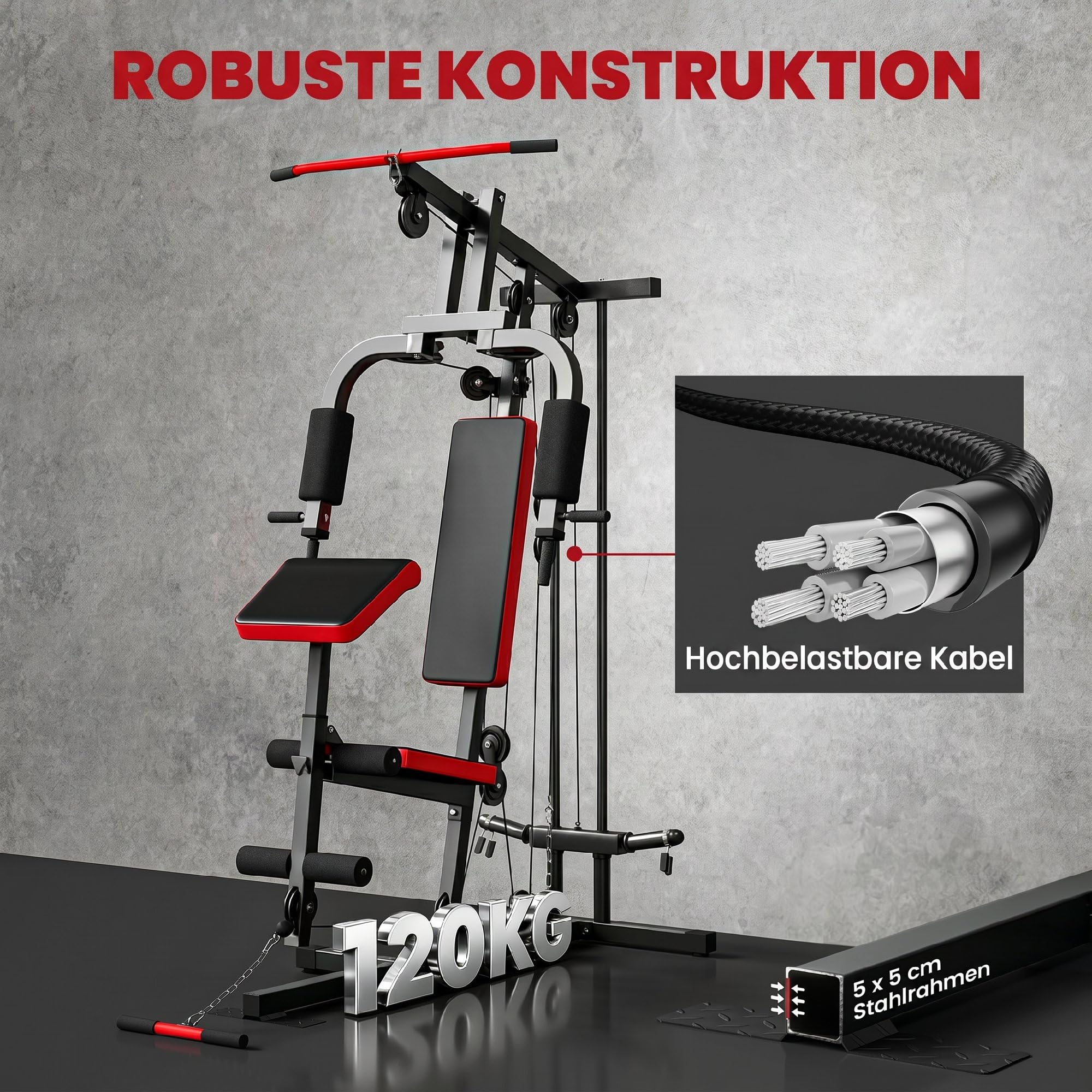 SPORTNOW Kraftstation Fitnessstation mit Latzug, Butterflystange, verstellbar Preacher Bank, Beintrainer, Multifunktion Homegym Multistation bis 120kg Fitnessgerät für Zuhause Schwarz+Rot