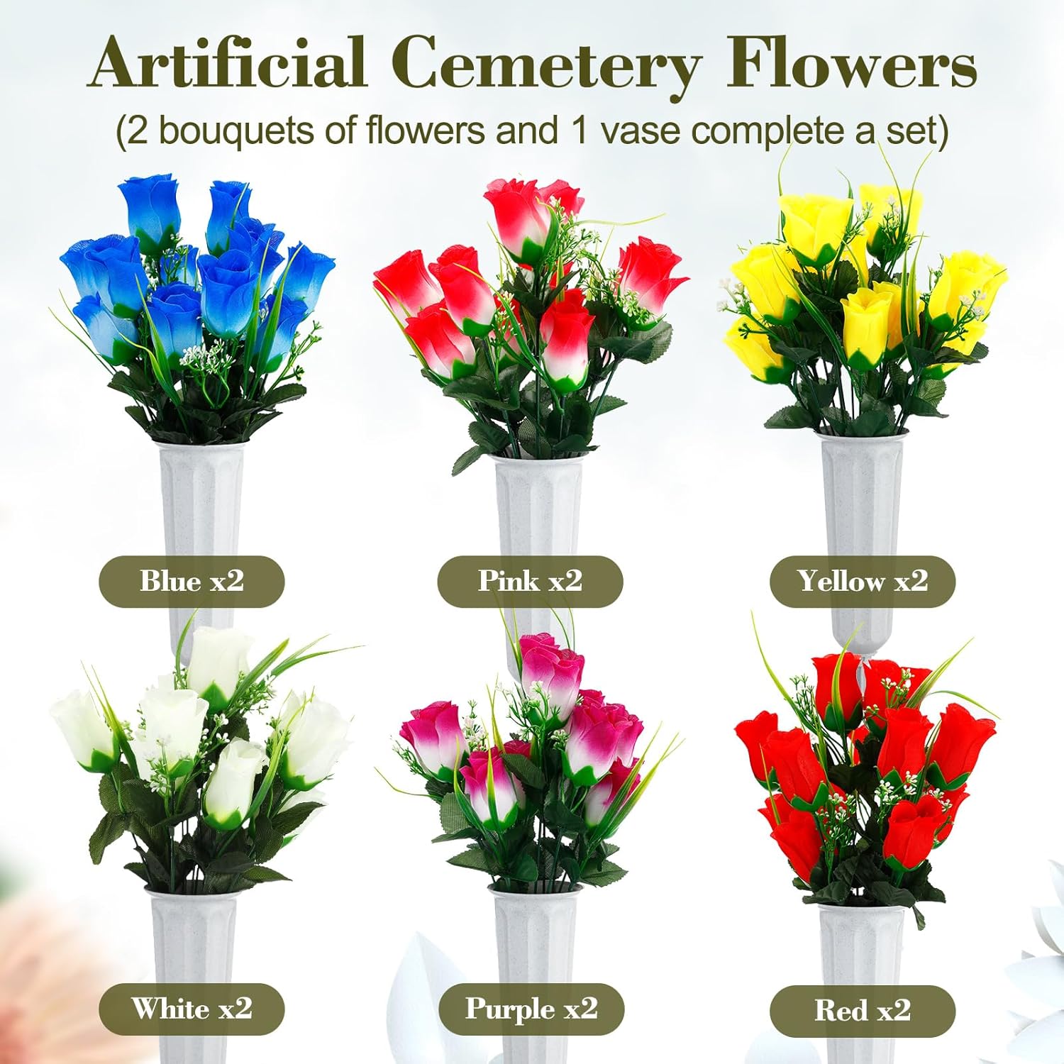 Tigeen 12 Sets Memorial Day Cemetery Flowers Bulk with Grave Vase 24 Bunches Artificial Memorial Flowers for Grave 168 Heads Silk Roses Flower Bouquets for Graveside Tombstone Headstone
