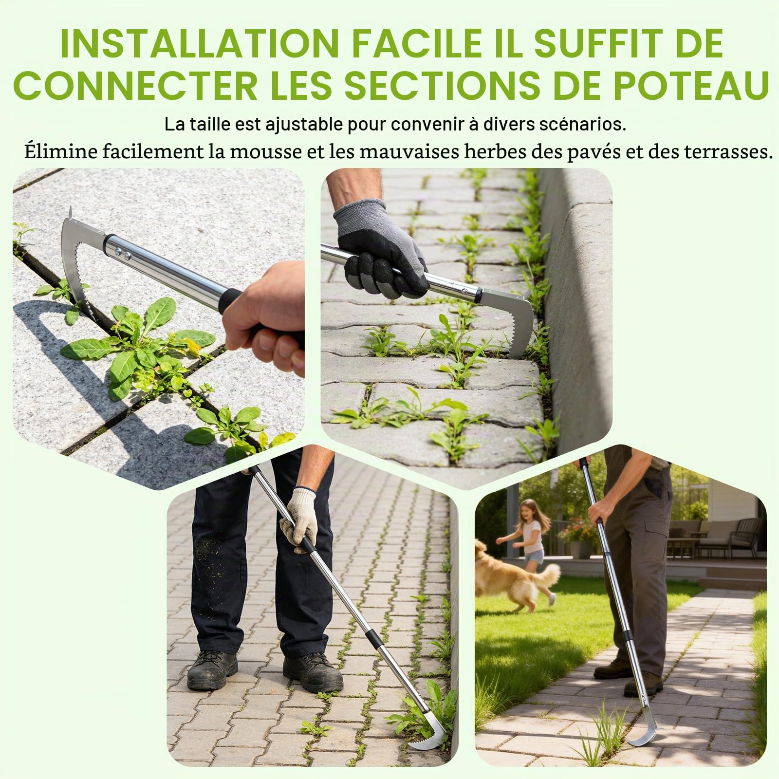Couteau désherbeur Manuel – Désherbeur pour Pavés et Terrasses, Manche Réglable 145cm avec Lame Dentelée en L et Brosse, Pour cour, pelouse, terrasse, jardin, désherbeur Ergonomique