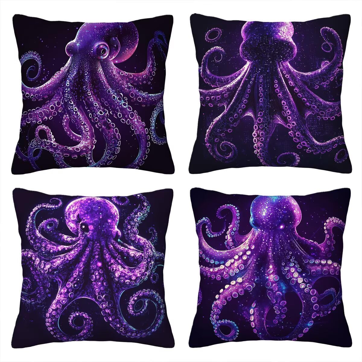 Federe Cuscini Divano 60x60 cm, Viola Cuscini per Divano, Velluto Federe Cuscino Letto Impermeabili Set da 4, Copricuscini Polpo Motivo con Cerniera Invisibile Design per Sofá, Regalo Donna G-25