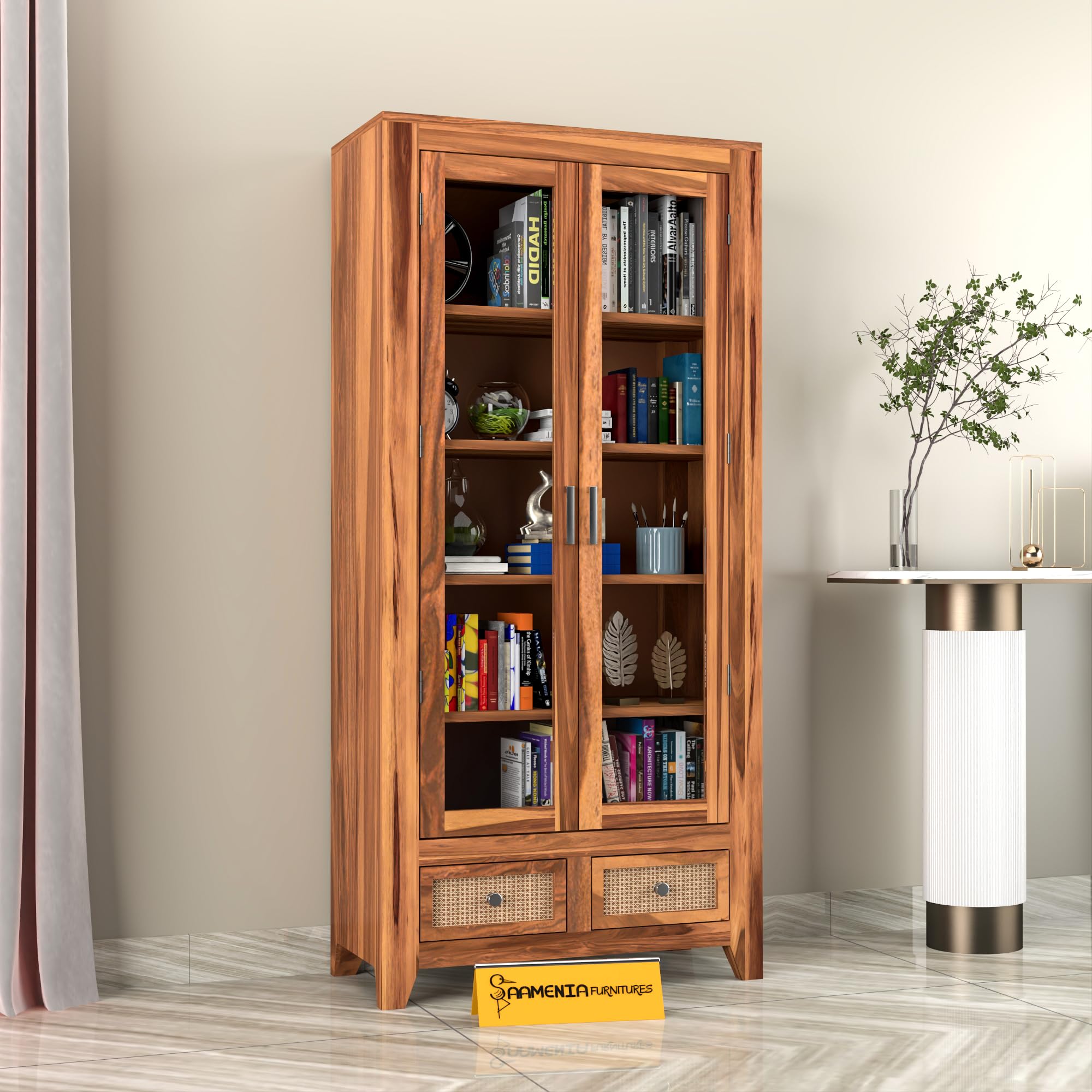 Solid Sheesham Wood Book Cabinet with Acrylic Glass Doors | Rosewood Display Storage Unit with Shelves & Drawers for Home & Office (C-Honey Finish)-image-49
