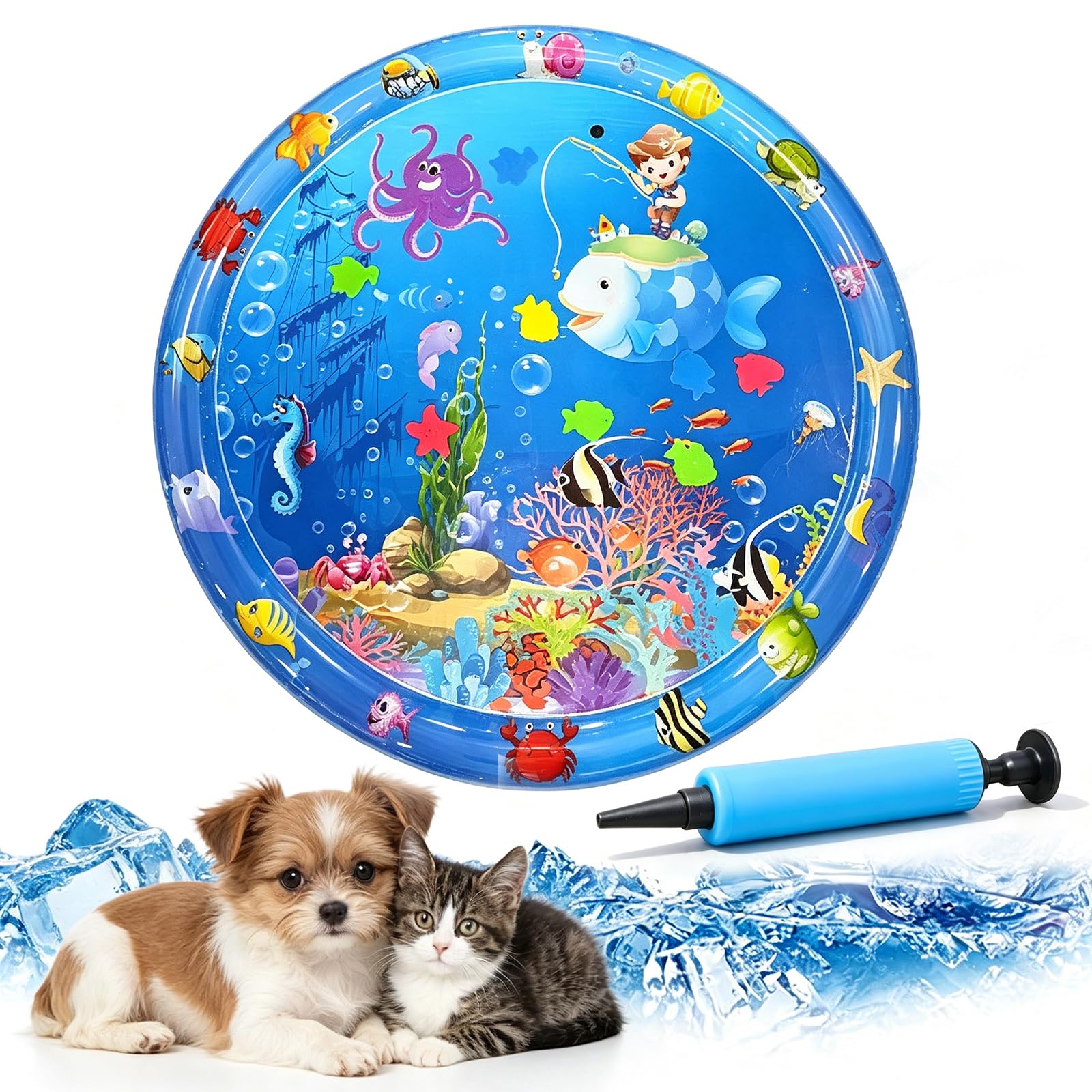 Pet Water Sensory Mat, 37.4" Large Cat Water Mat with Floating Fish, Interactive Cooling Mat for Cats & Dogs, Thickened Leak-Resistant Water Play Mat, Indoor Outdoor Pet Enrichment Toy (Round-6)