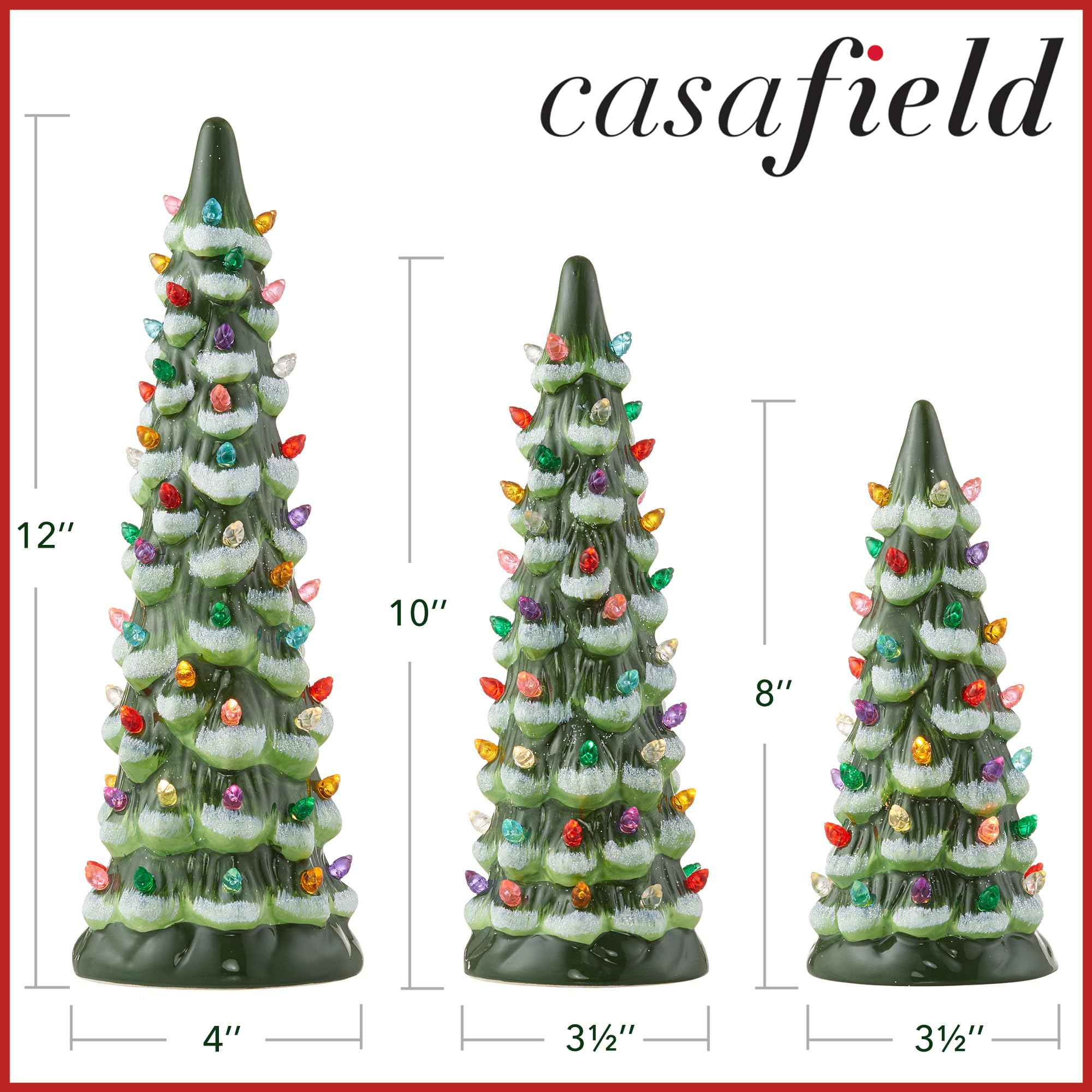 Casafield Lot de 3 sapins de Noël en céramique peints à la main – Vert neige floquée – Arbres pré-éclairés de 20,3 cm, 25,4 cm, 30,5 cm avec lumières multicolores