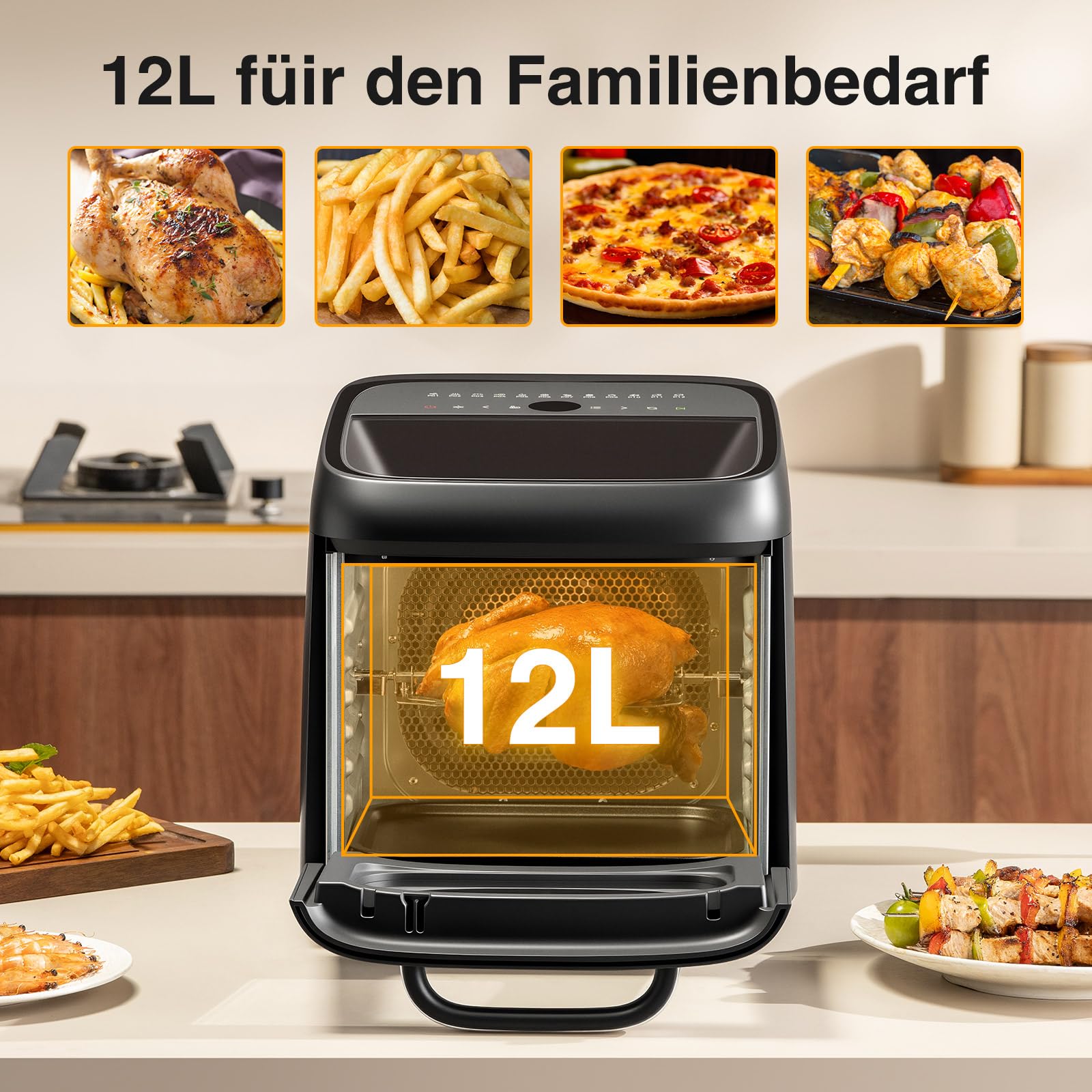 Große Heißluftfritteuse Pizza,Air Fryer XXL 12L,Backofen 12-in-1 Heissluftfritteuse Rotisserie mit 8 Zubehör,Grill Friteuse,Multifunktionale AirFryer ohne Öl mit 2 Großes Sichtfenster