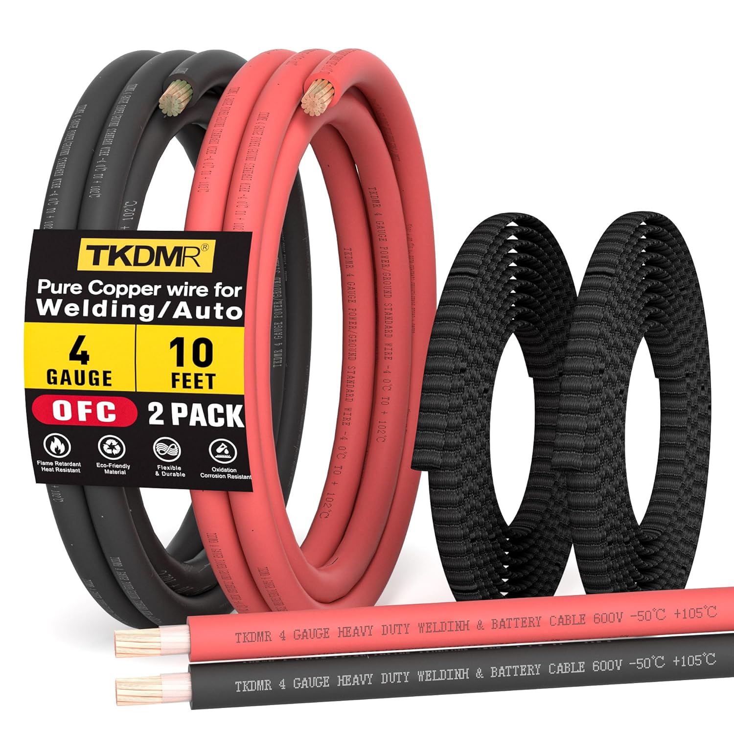TKDMR 4 Gauge Battery Cable Kit - 10 FT Red and 10 FT Black OFC Pure Copper Wire for Automotive, Solar, Generator, Marine Battery Applications