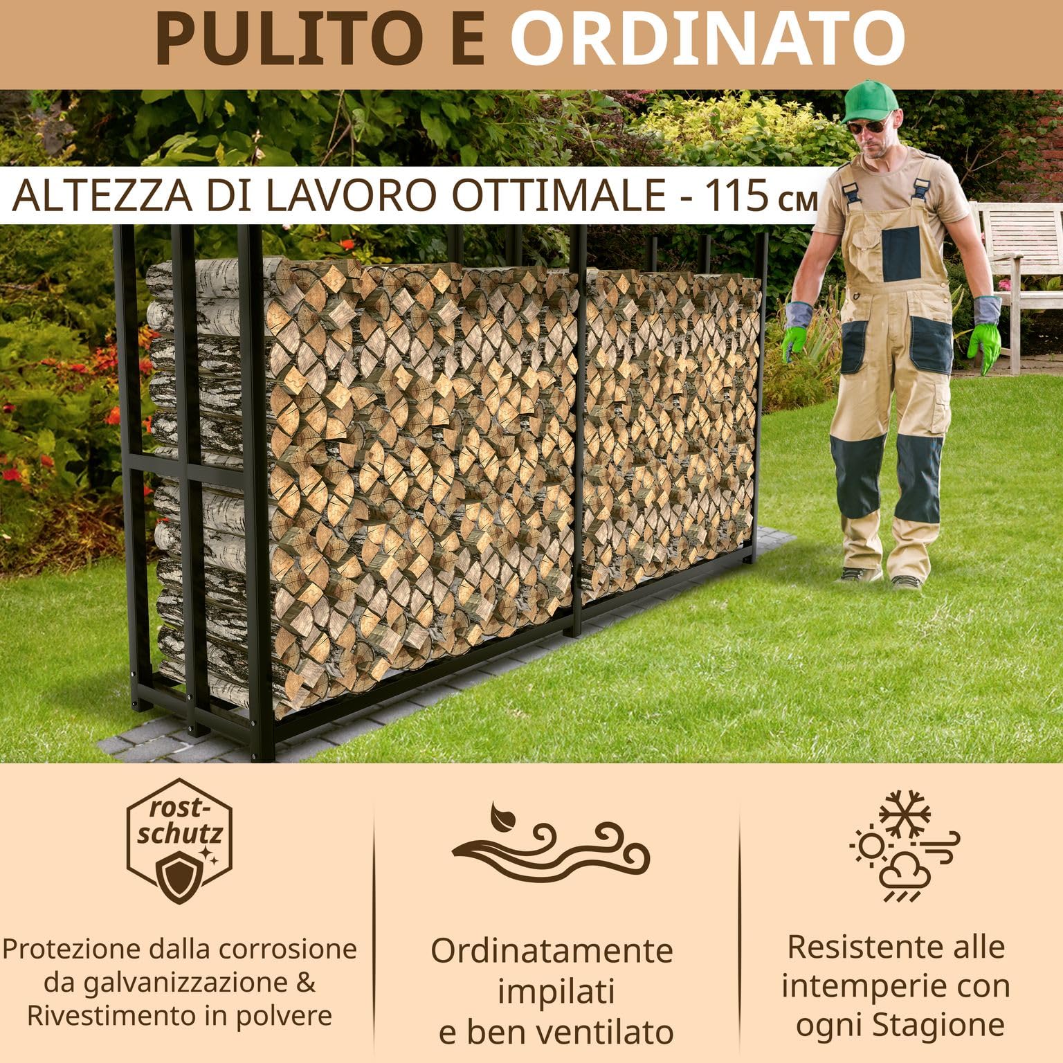 Portalegna da esterno in metallo zincato nero 223 x 50 x 115 cm legnaia per legna da ardere