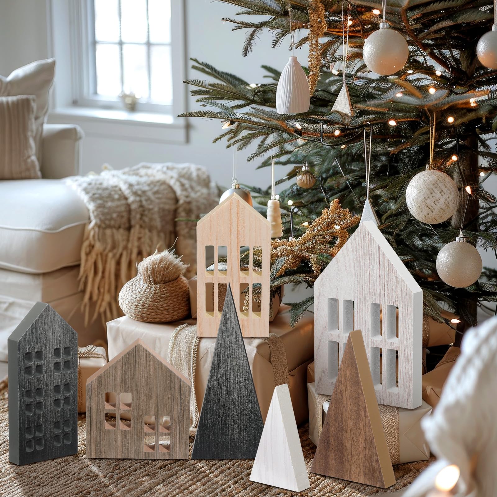 Marsui 7 piezas de decoración de mesa de casa de campo de Navidad, decoración de siluetas de casa de madera rústica, decoración de mesa de árbol, decoración de Navidad para el hogar, decoración de