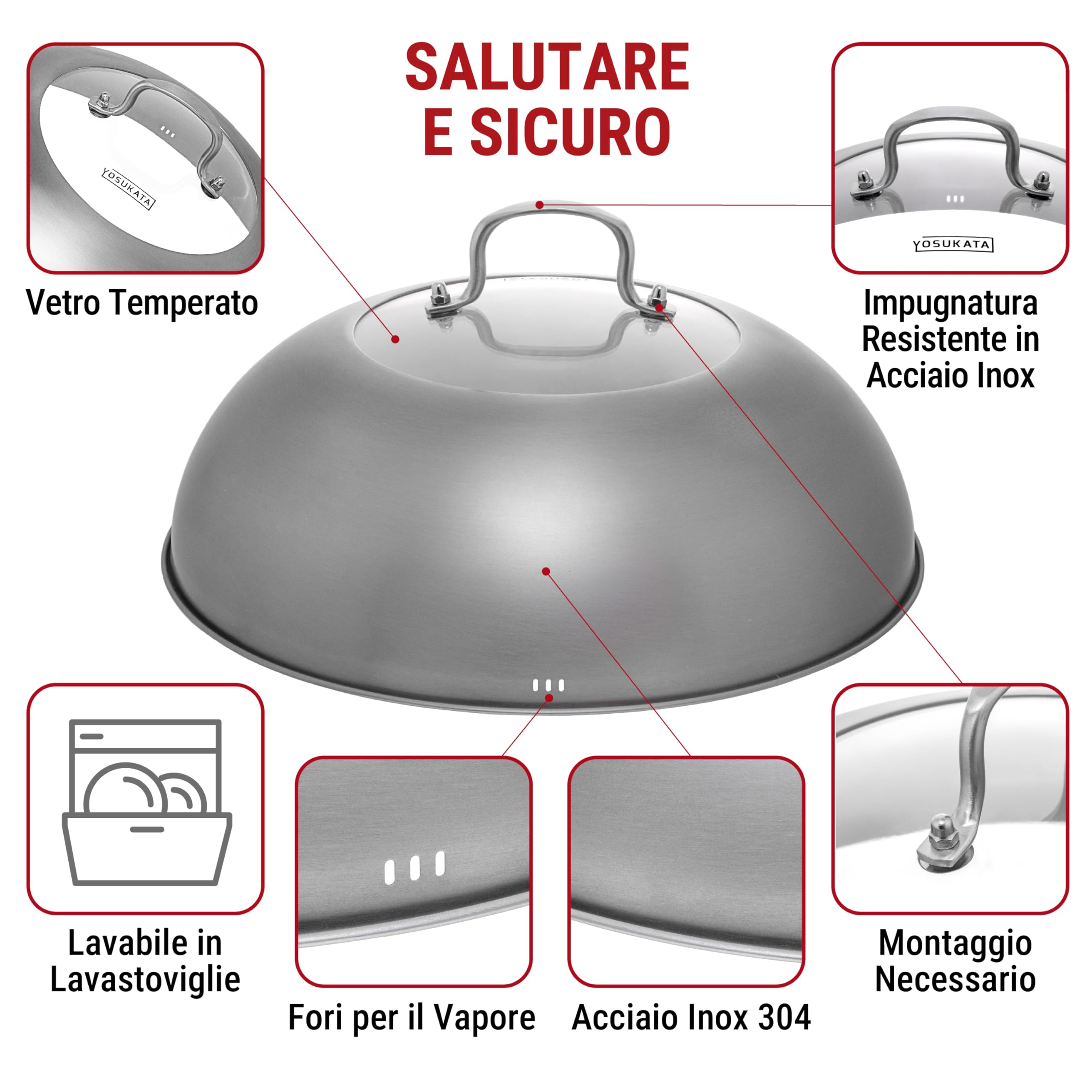 YOSUKATA Coperchio Wok 34,5 cm - Coperchio Universale Acciaio Inox con Vetro Temperato e Fori per Vapore per Wok 36 cm - Lavastoviglie - Dome per Fusione Formaggio e Griglia - Cloche per Hamburger