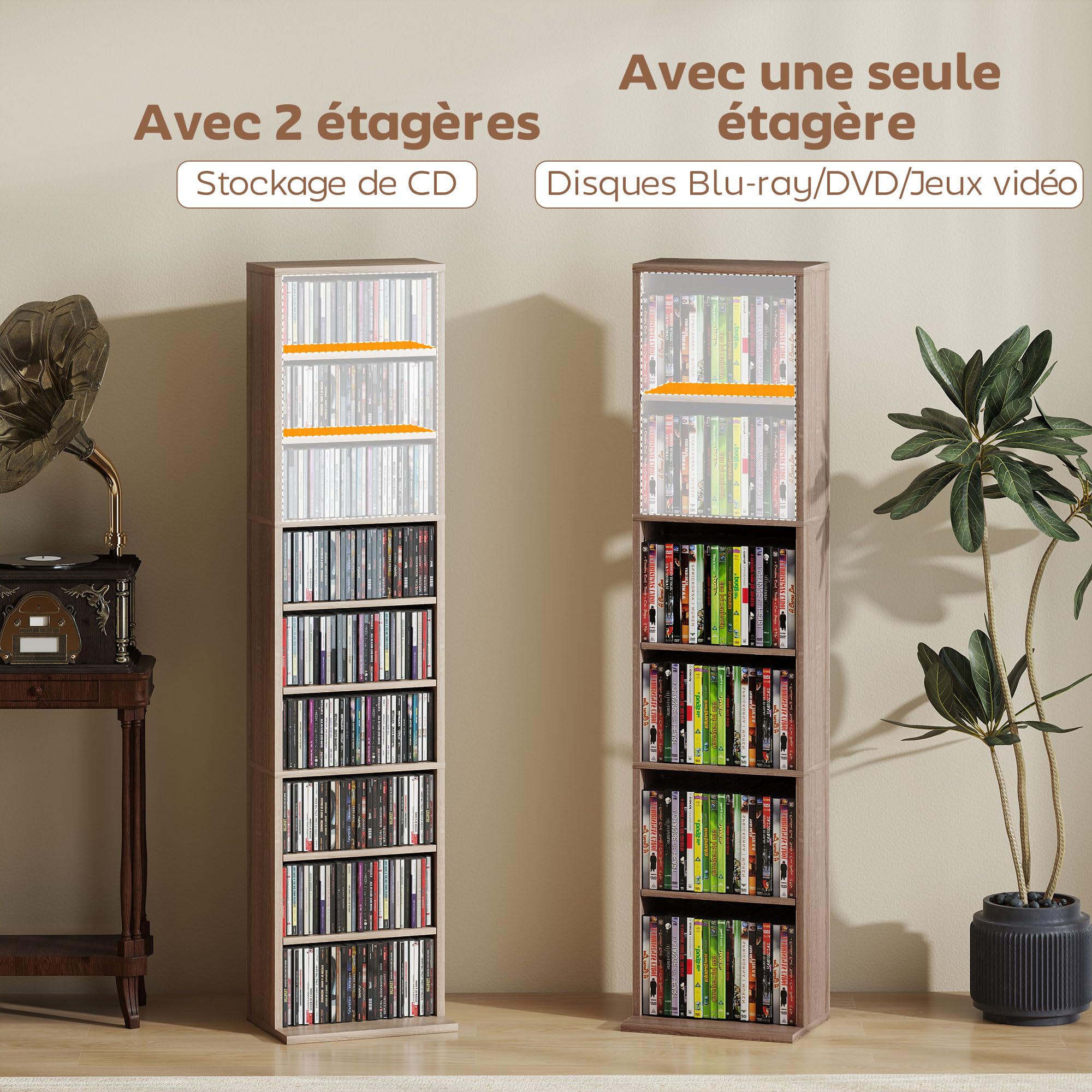 HOMCOM Rangements pour CD et DVD, meuble de rangement multimédia, capacité max. 260 CD/120 DVD, 9 compartiments et 6 étagères réglables, pour salon, chambre, bureau, 33 x 24 x 140 cm, bois naturel