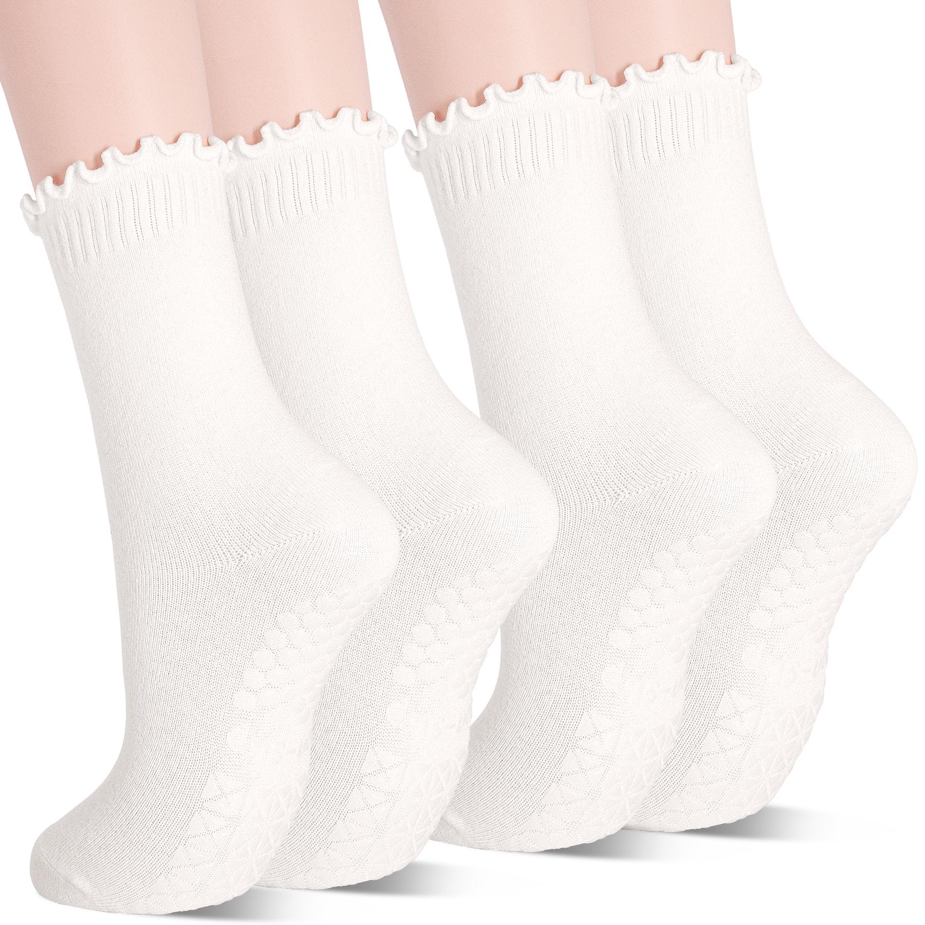 LIFPAU Yoga Socks Non Slip Grips Anti Skid Women Athletic Socks Pilates Ballet Barre Crew Ruffle Cuff 2 Pairs(2White)