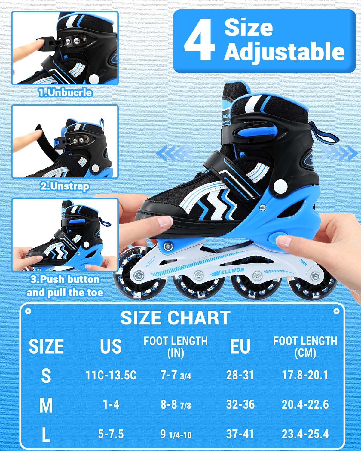 WELLWON Inline Skates Kids Blades Skate for Boys Girls Indoor & Outdoor Beginners, Adjustable Kids Flashing Inline Skate Shoes