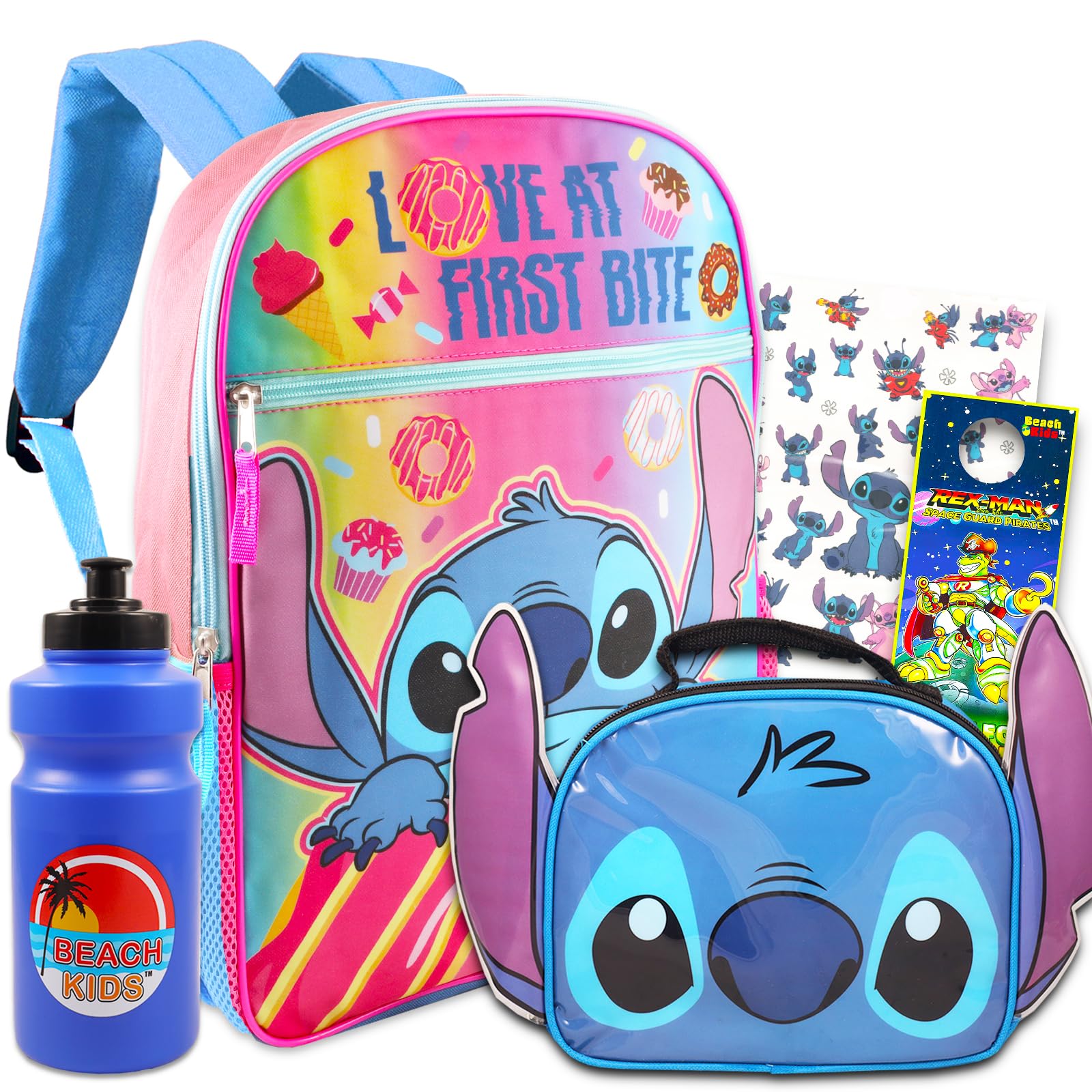 Backpack with Lunch Box - 16” Stitch Backpack, Stitch Lunch Bag, Water Bottle, Tattoos | Stitch Backpack Bundle