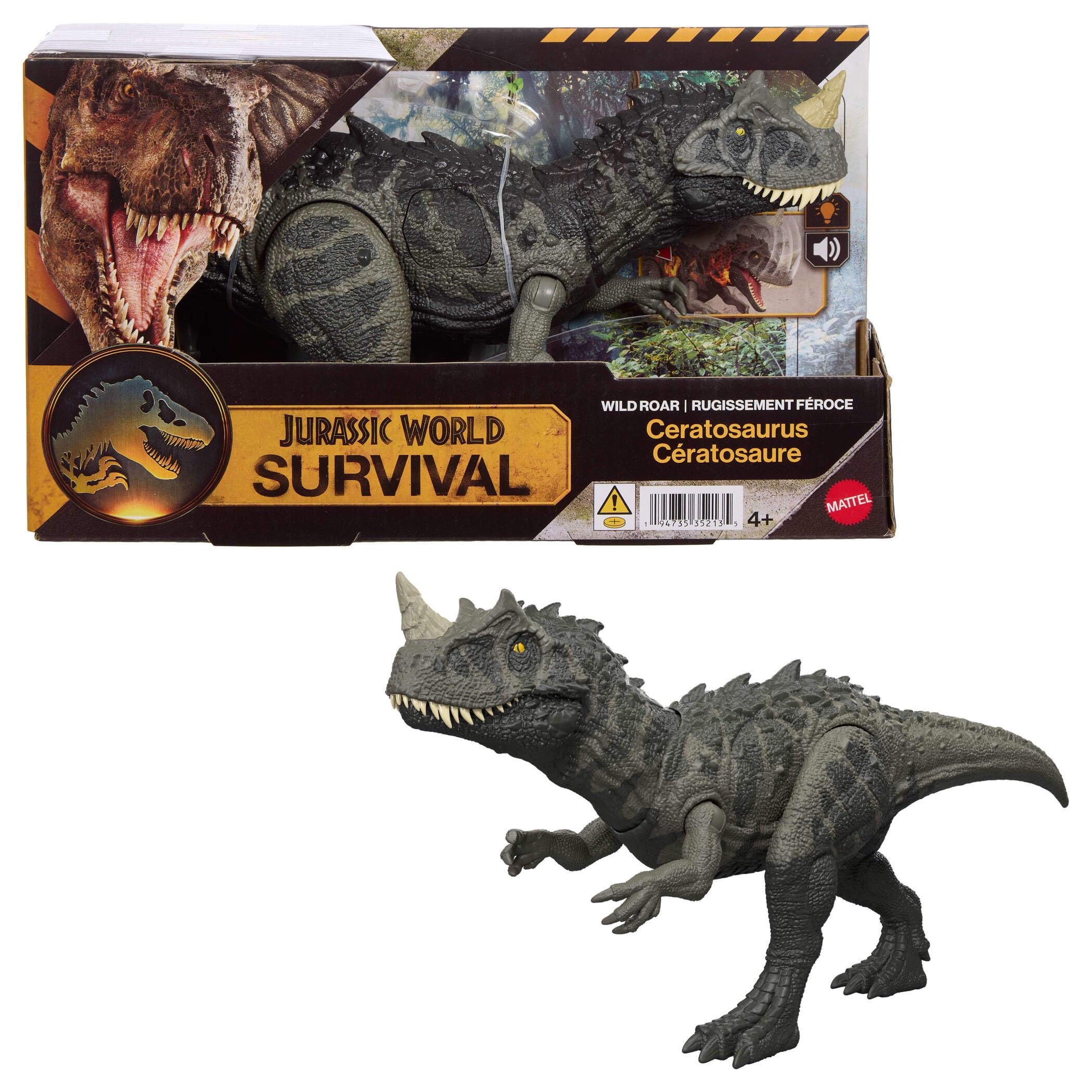 Mattel Jurassic World Wild Roar Ceratosaurus Dinosaur Action Figure Toy with Chomp Attack, Light Up Feature & Roar Sound, Scan Code for Digital Play, JKL77